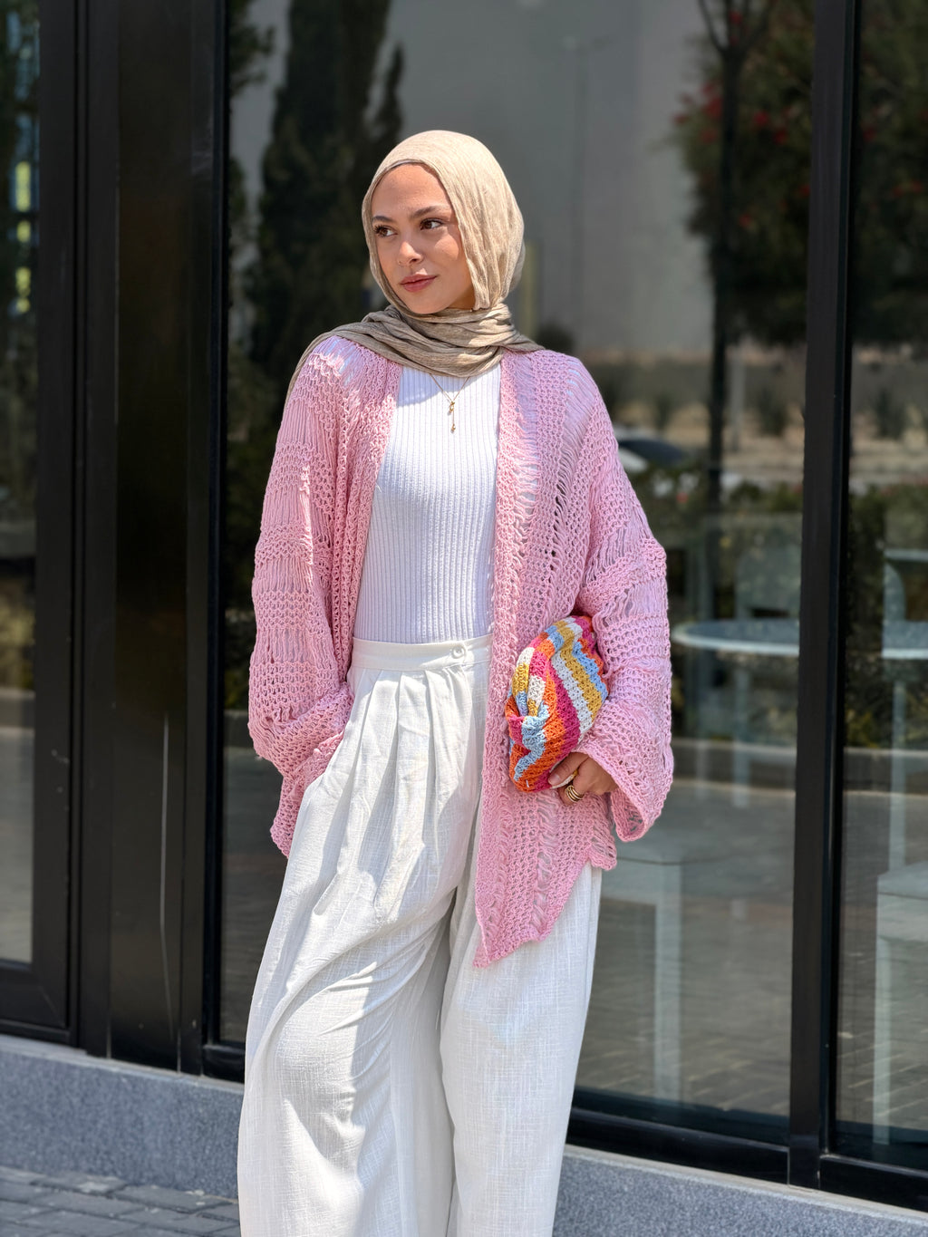 Coastal Crochet Cardigan in Baby Pink