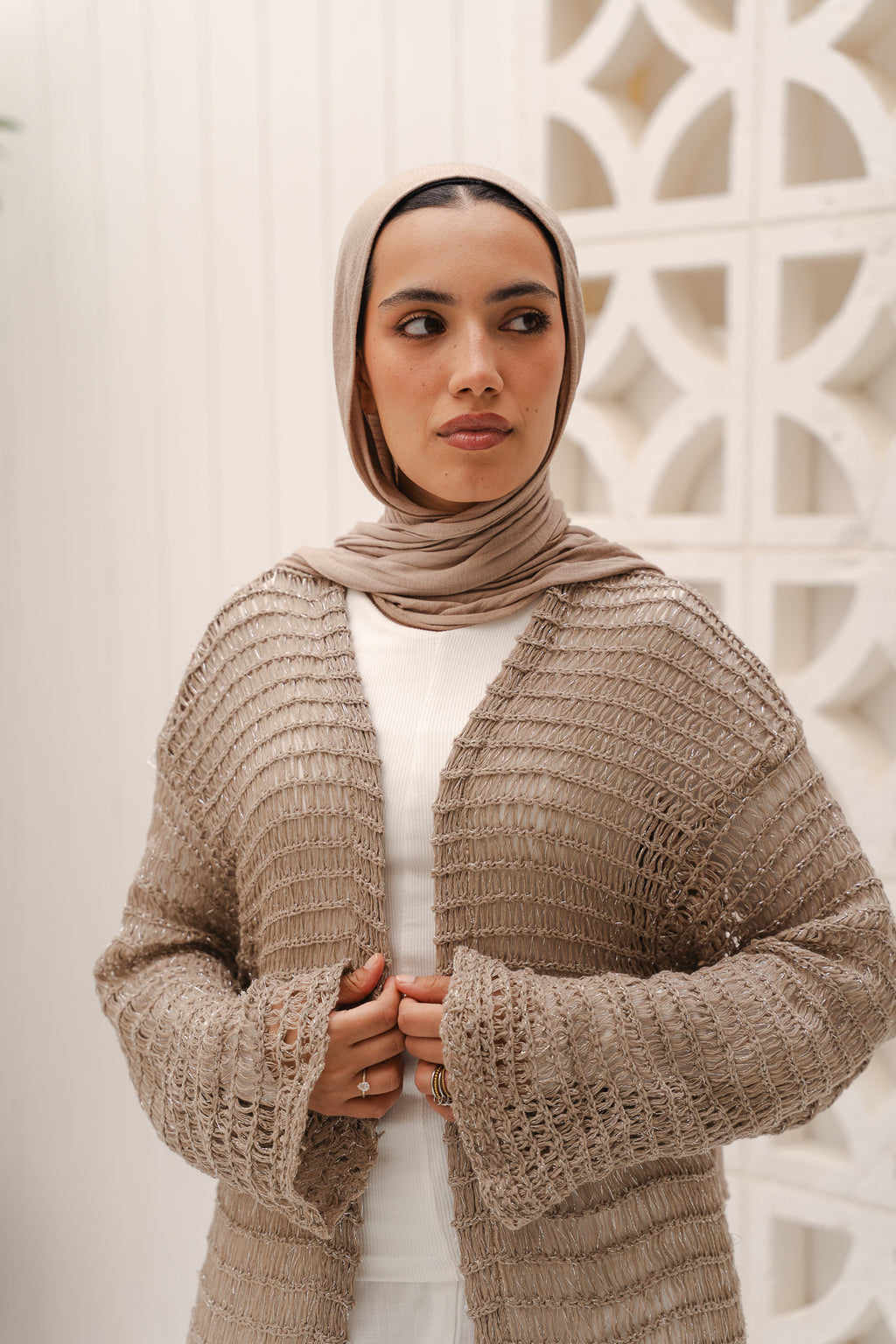 Threads of Charm Cardigan in Shimmer Cafe.