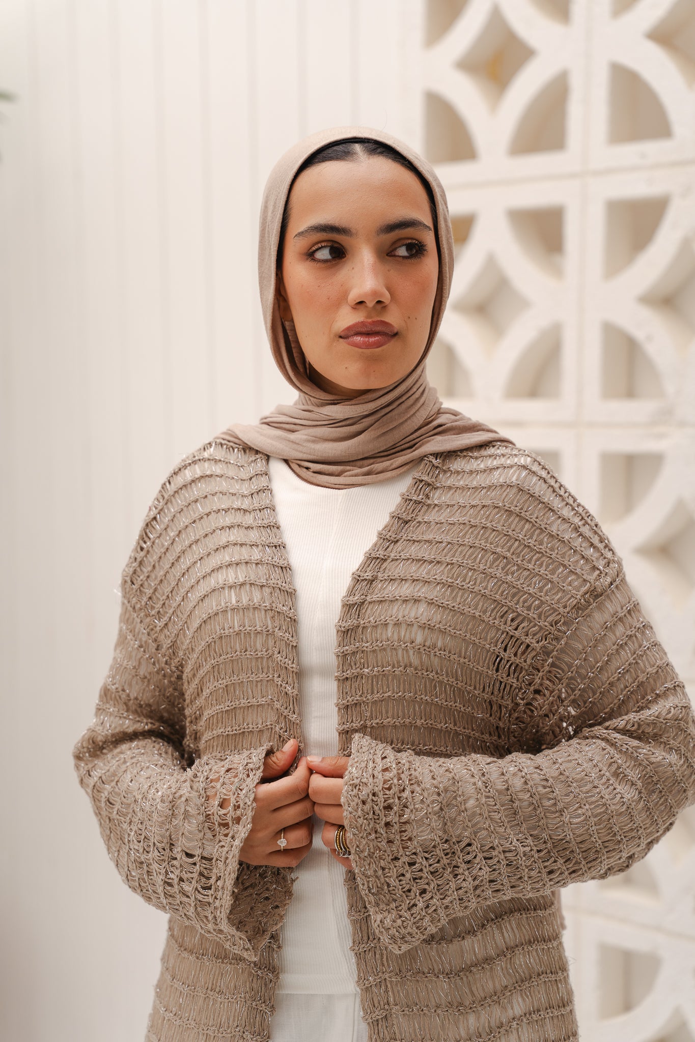 Threads of Charm Cardigan in Shimmer Cafe.