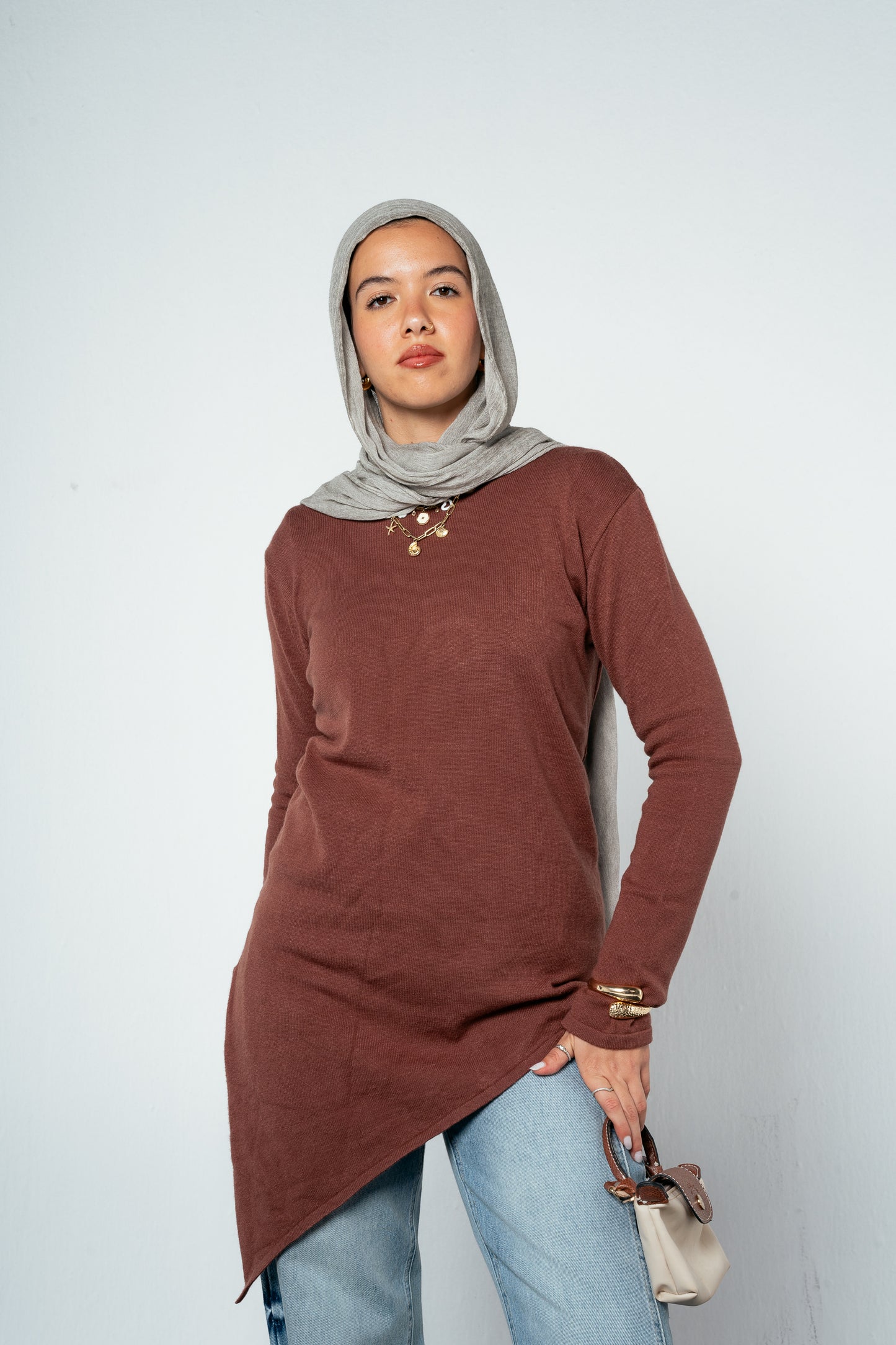 Warm Knit Asymmetrical Top in Brown