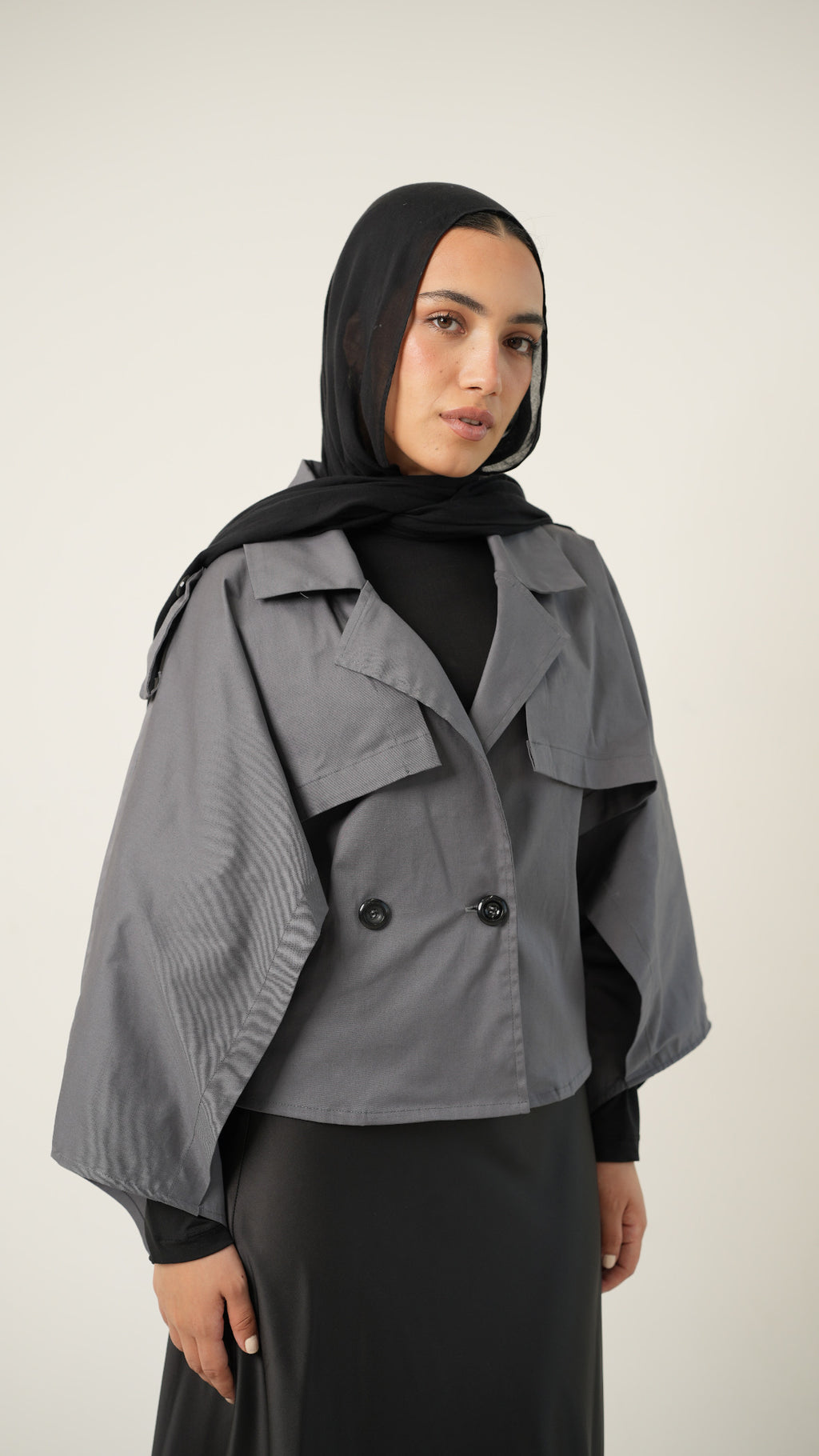 Drape Cropped Trench Coat in Gray