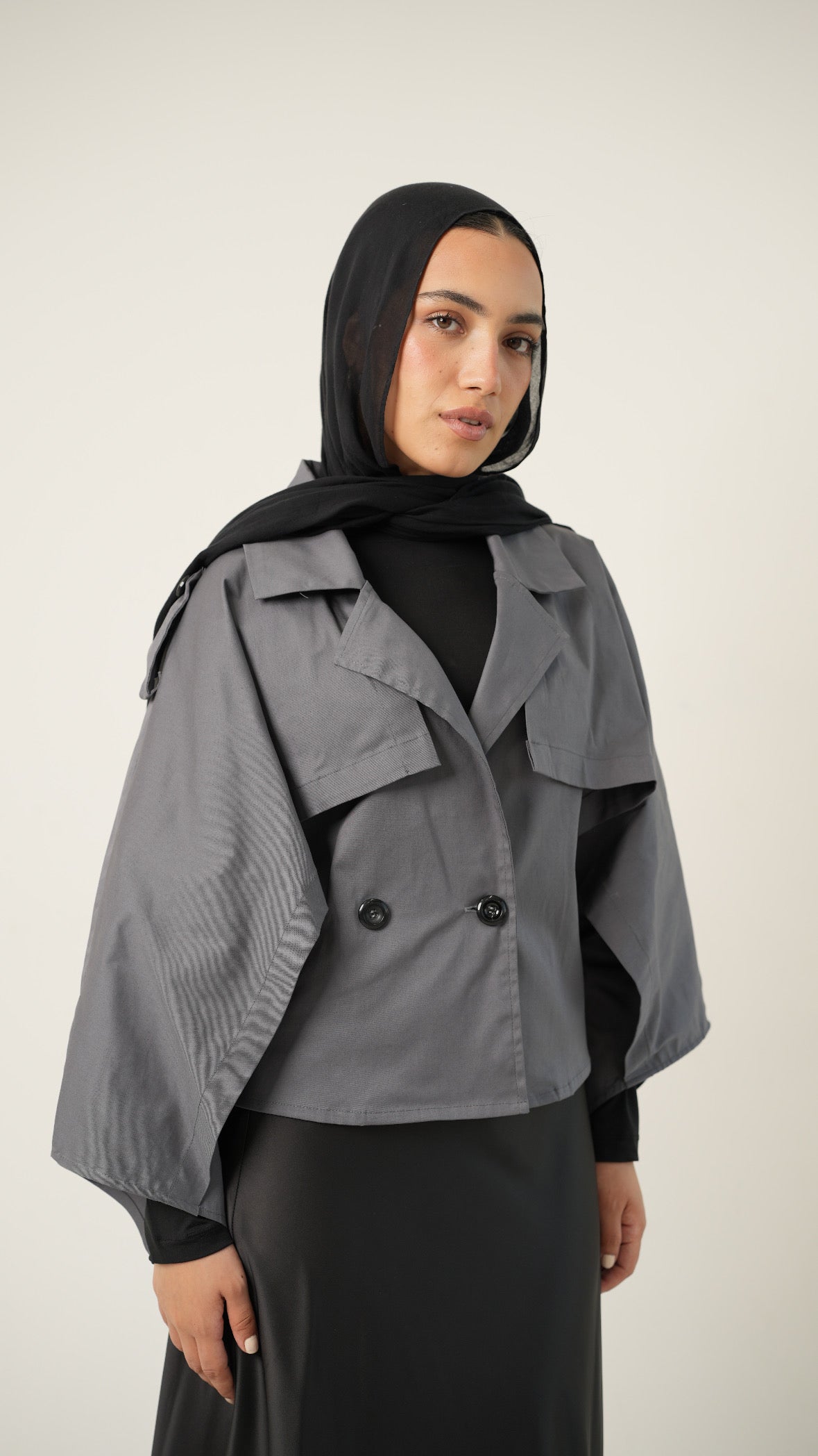 Drape Cropped Trench Coat in Gray