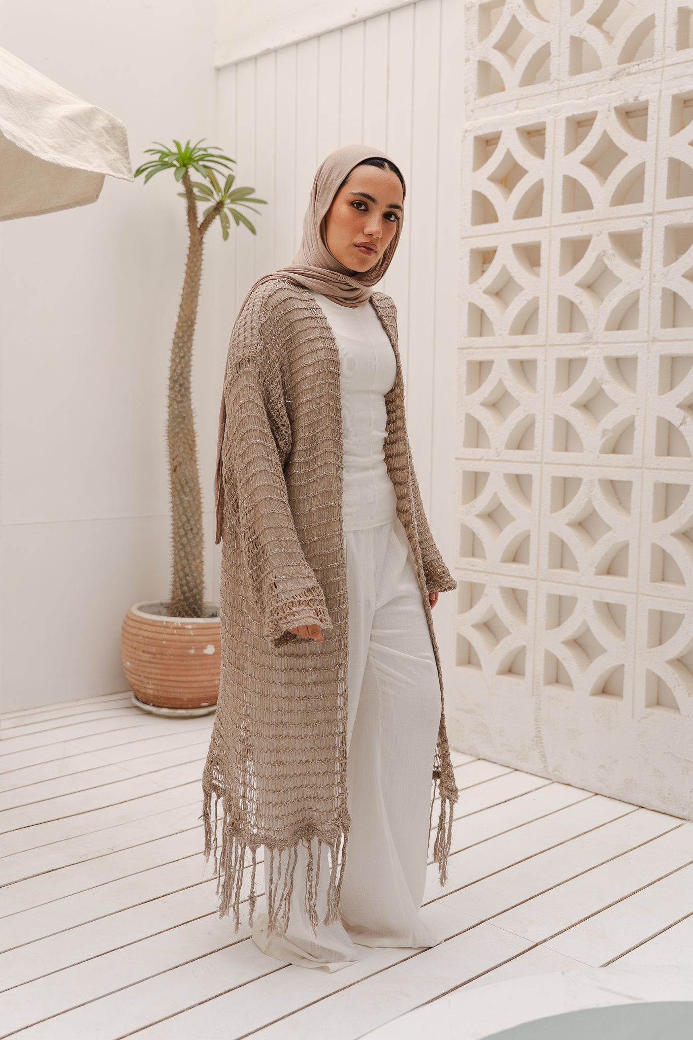 Threads of Charm Cardigan in Shimmer Cafe.