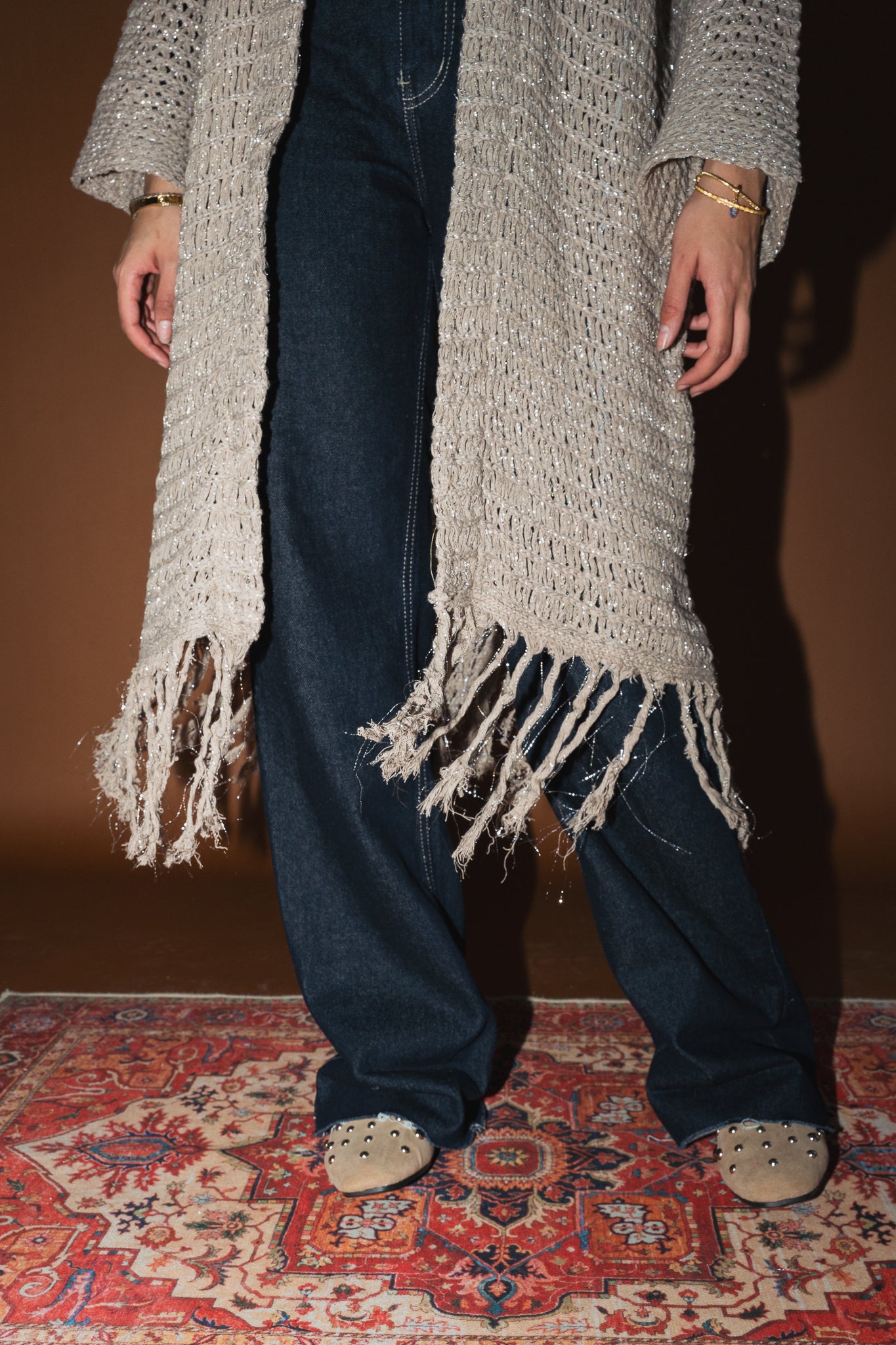 Threads of Charm Cardigan in Shimmer Cafe.