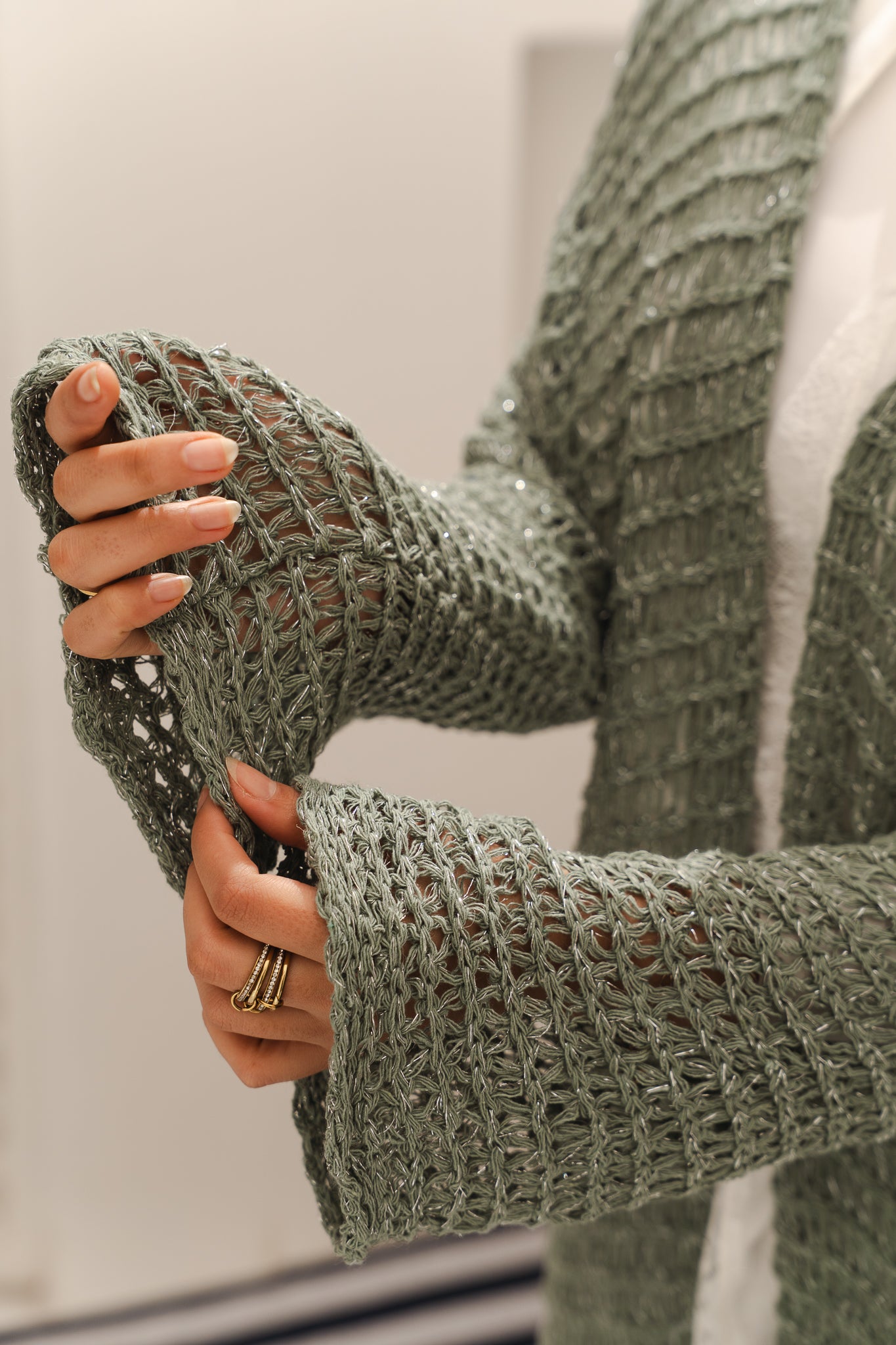 Threads of Charm Cardigan in Shimmer Mint.