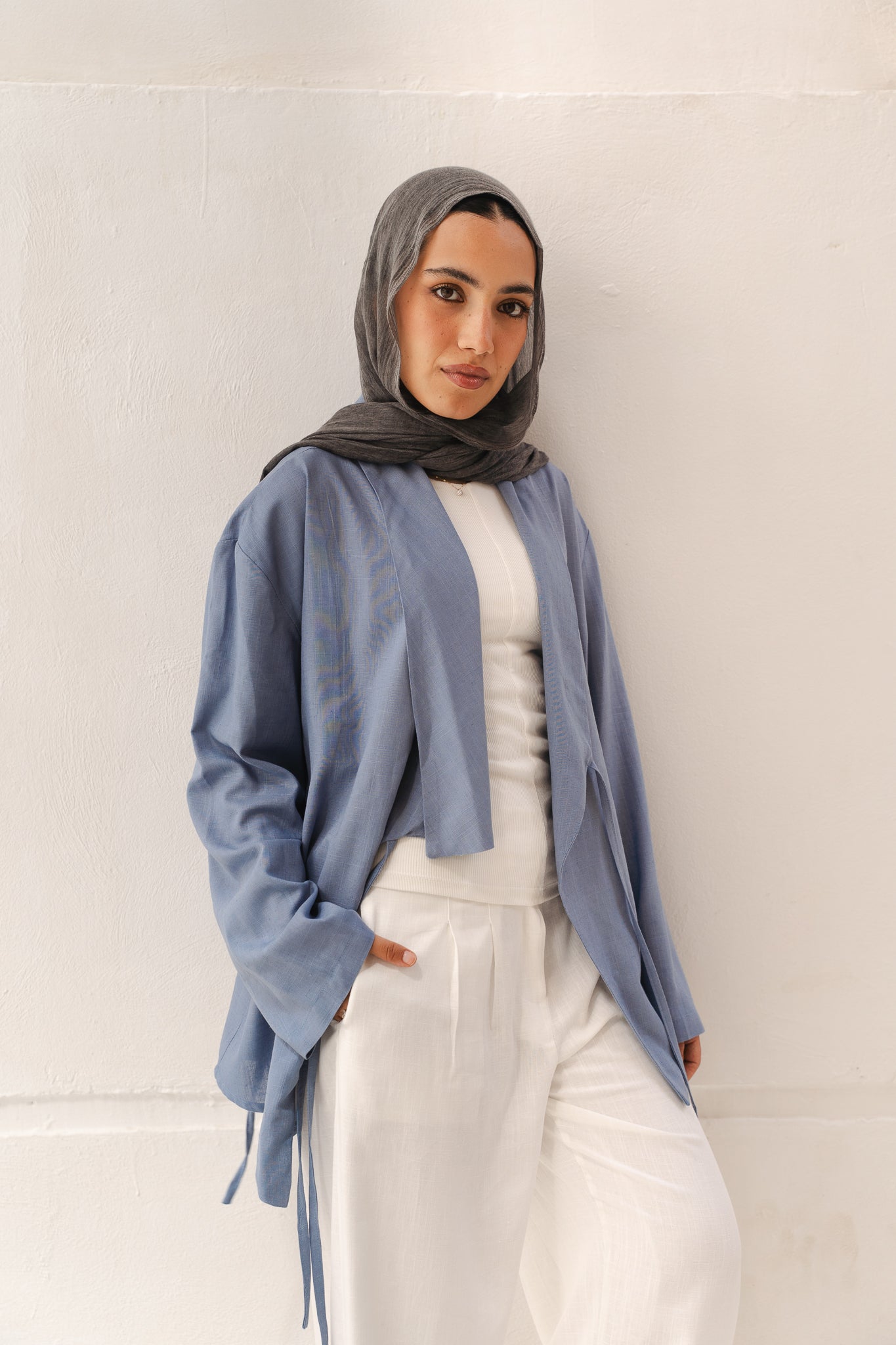 Side Tie Linen Top in Blue