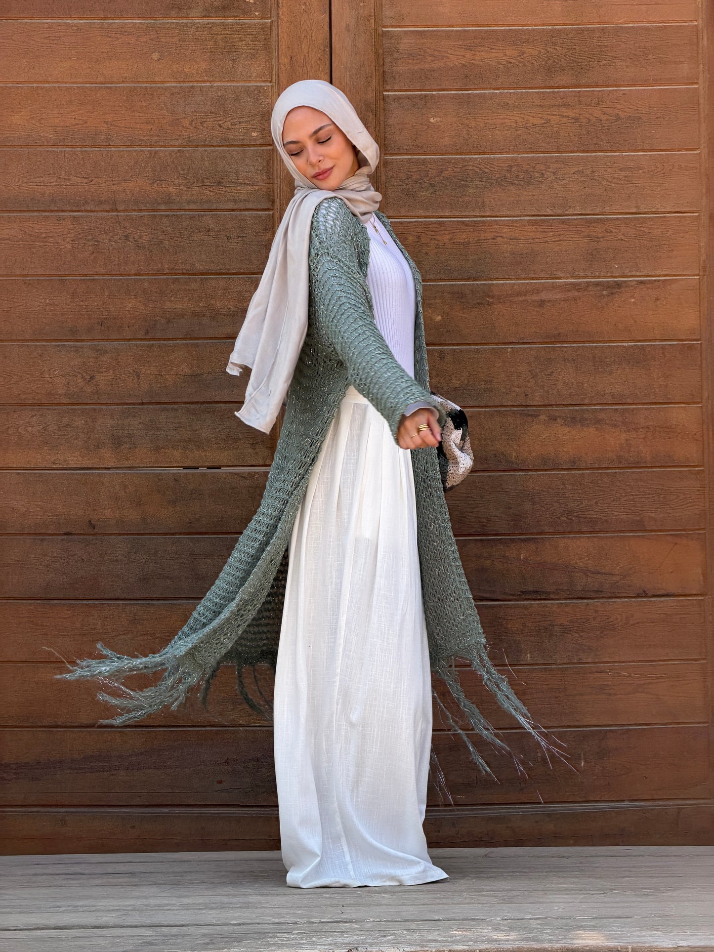 Threads of Charm Cardigan in Shimmer Mint.
