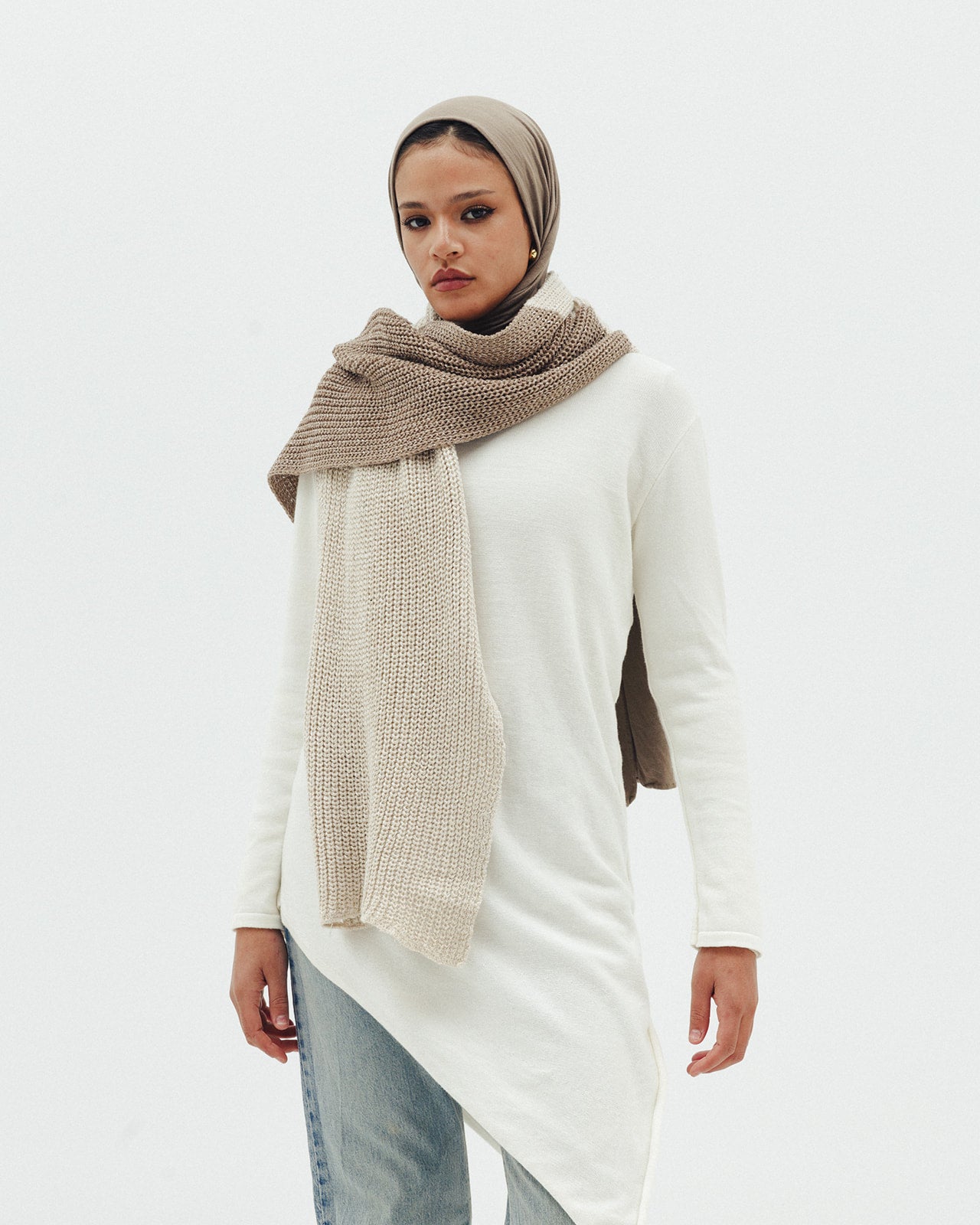 Shimmer Blend Knit Scarf in Cafe x Beige