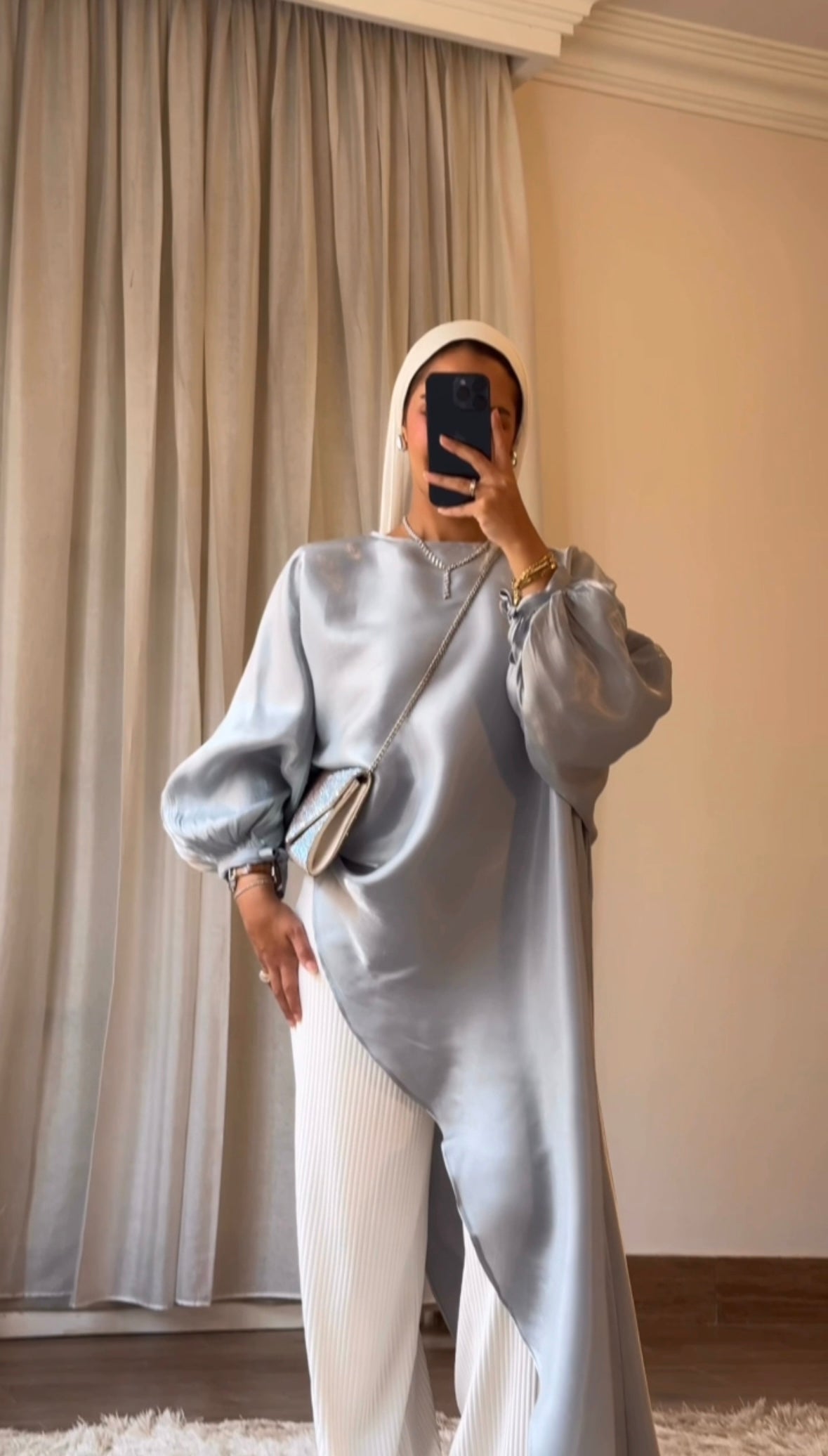 Asymmetrical Shimmer Top in Silver Blue