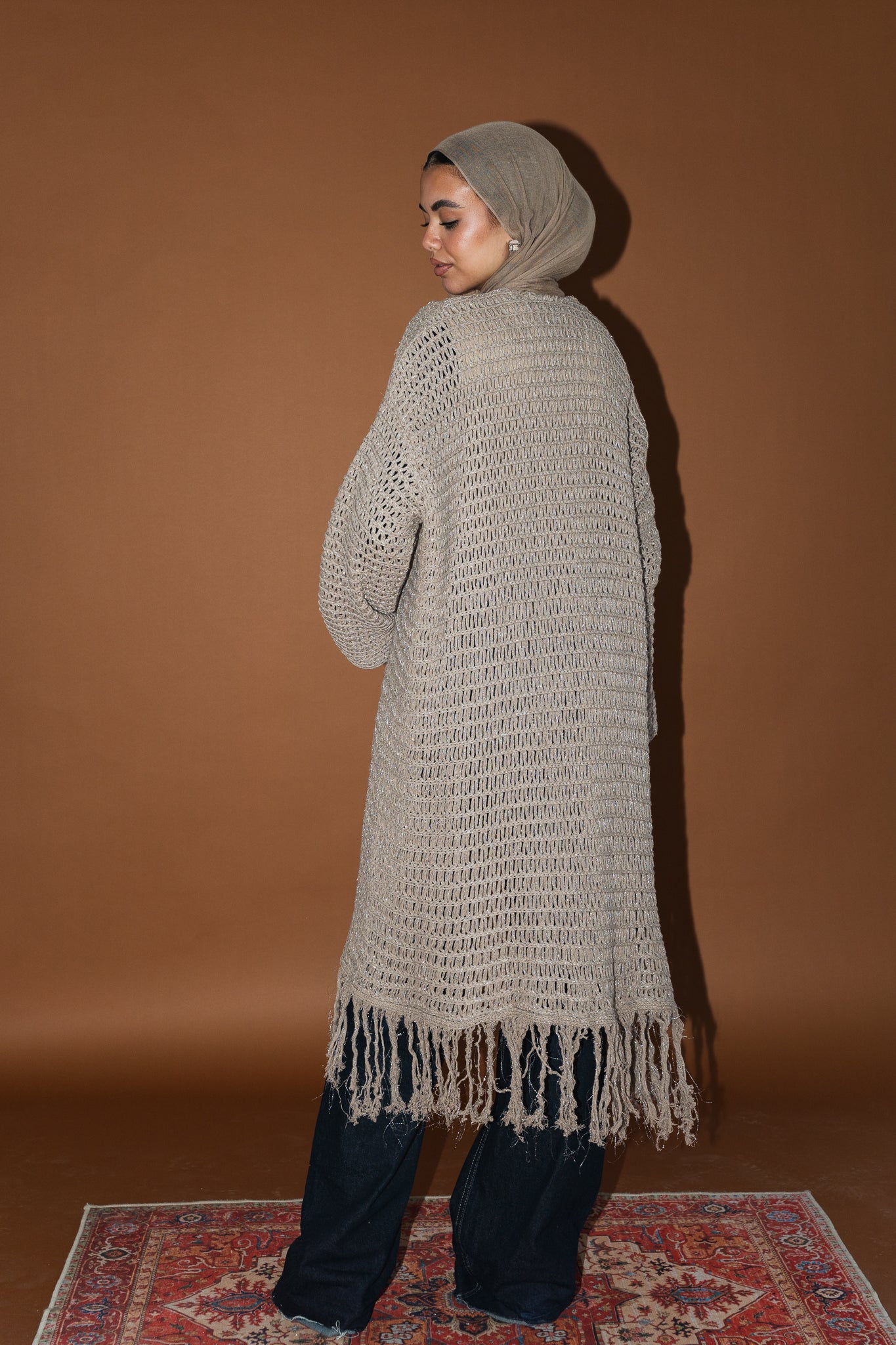 Threads of Charm Cardigan in Shimmer Cafe.