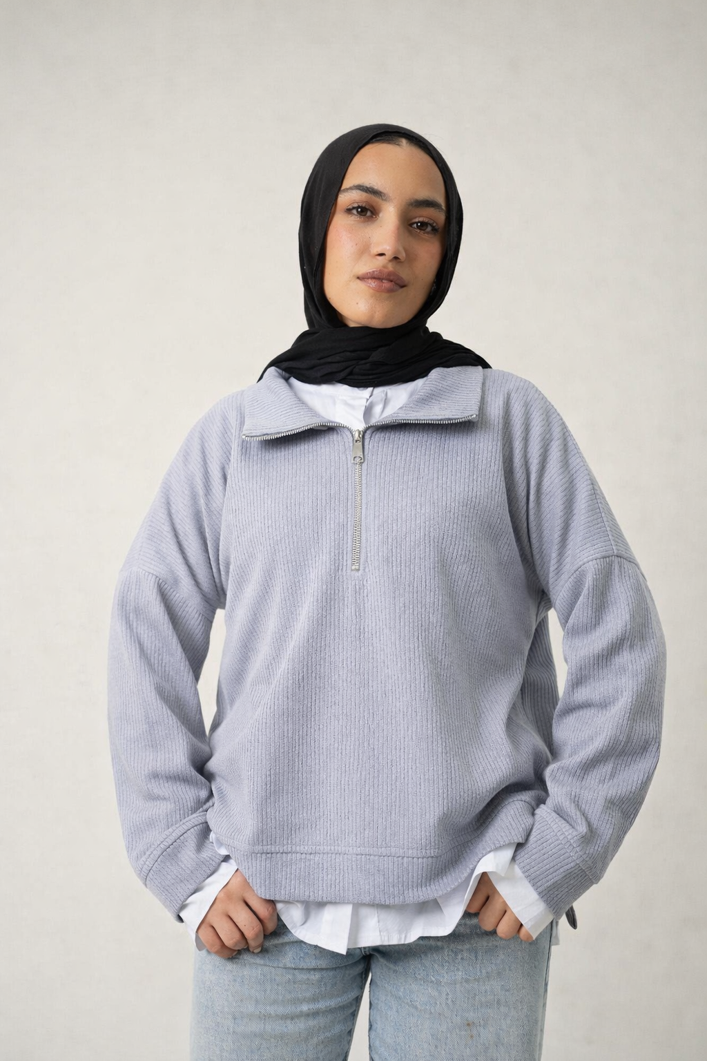 Zip-Up Sweater in Light Grey