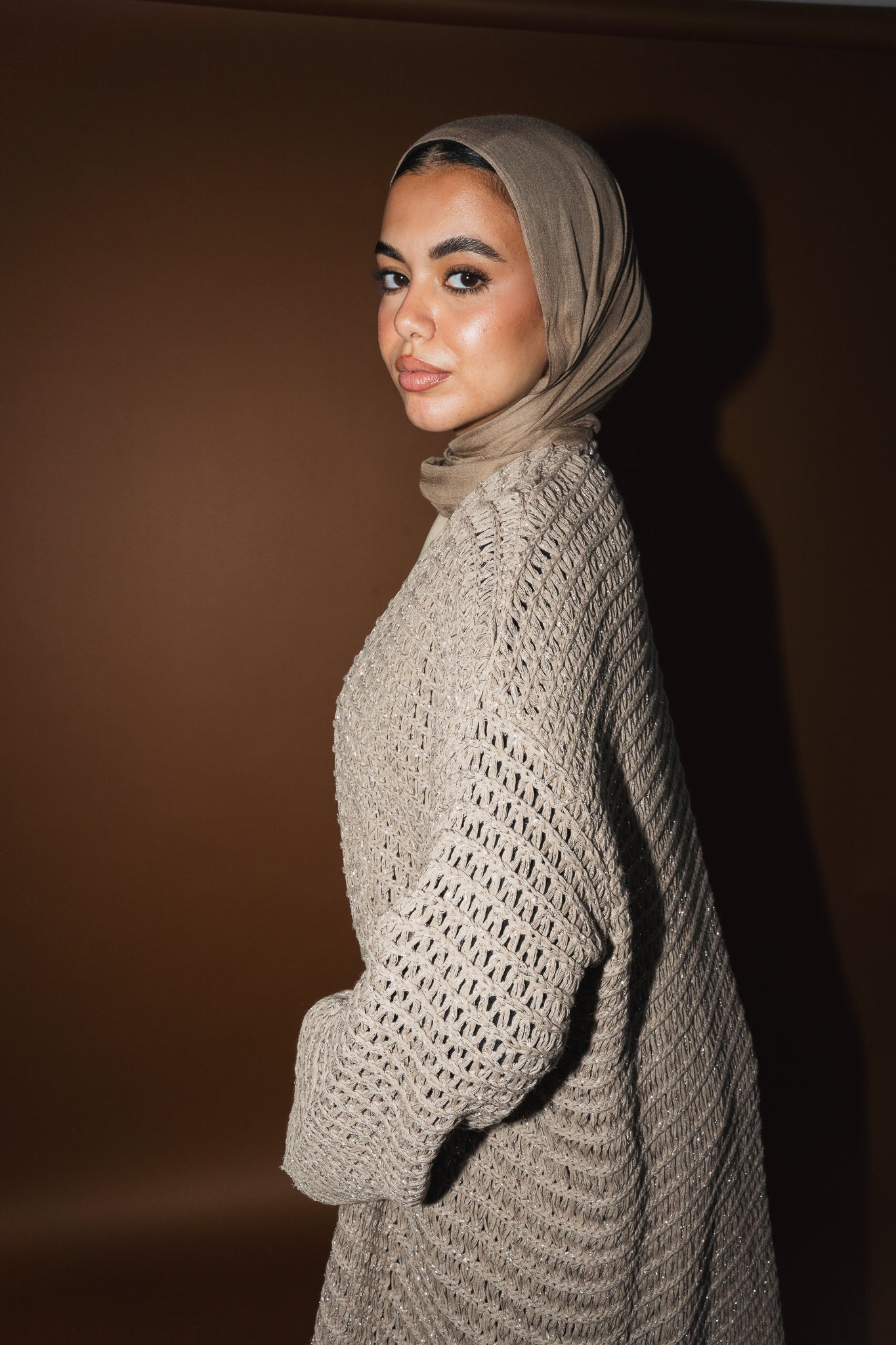 Threads of Charm Cardigan in Shimmer Cafe.