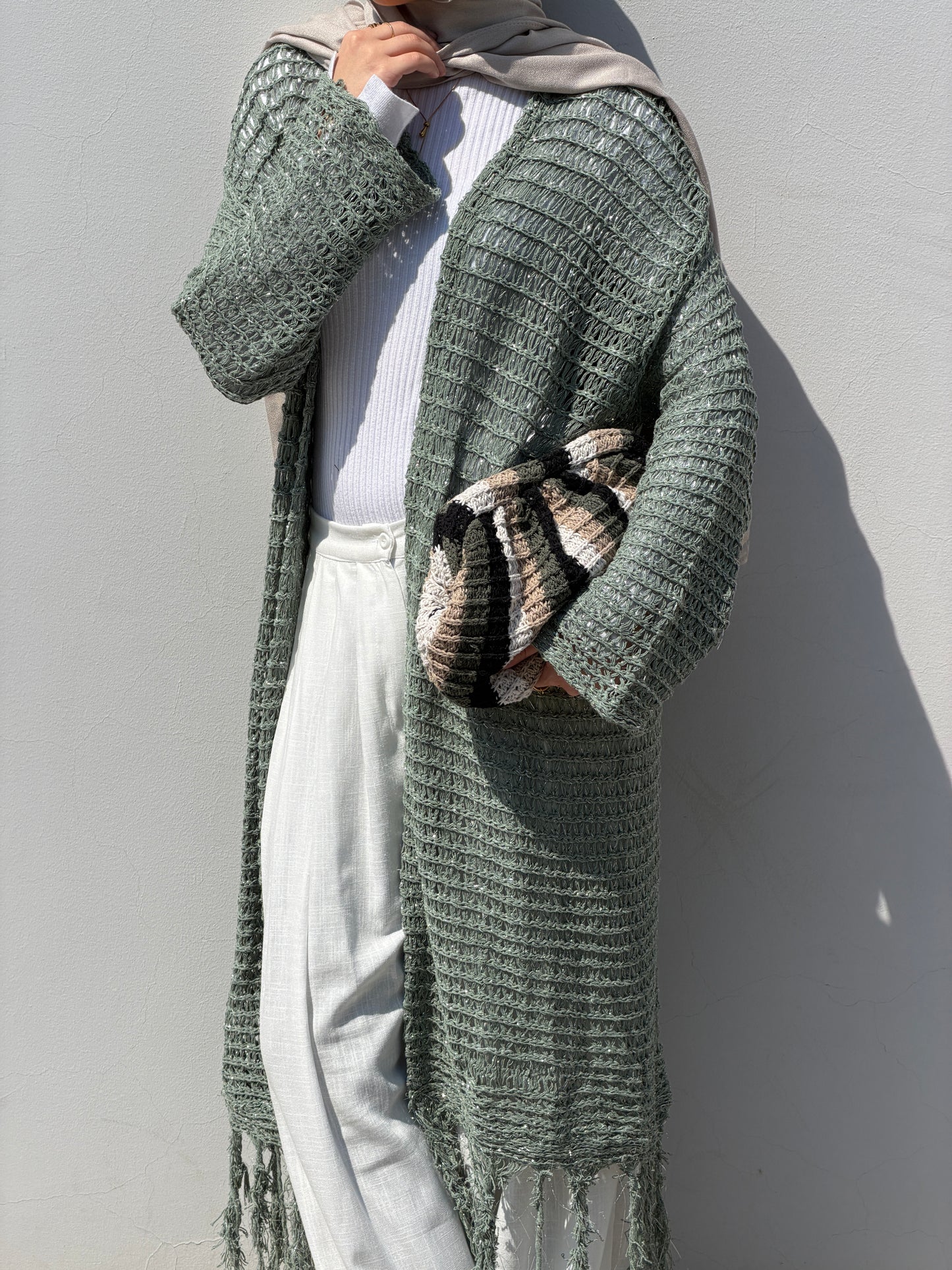 Threads of Charm Cardigan in Shimmer Mint.