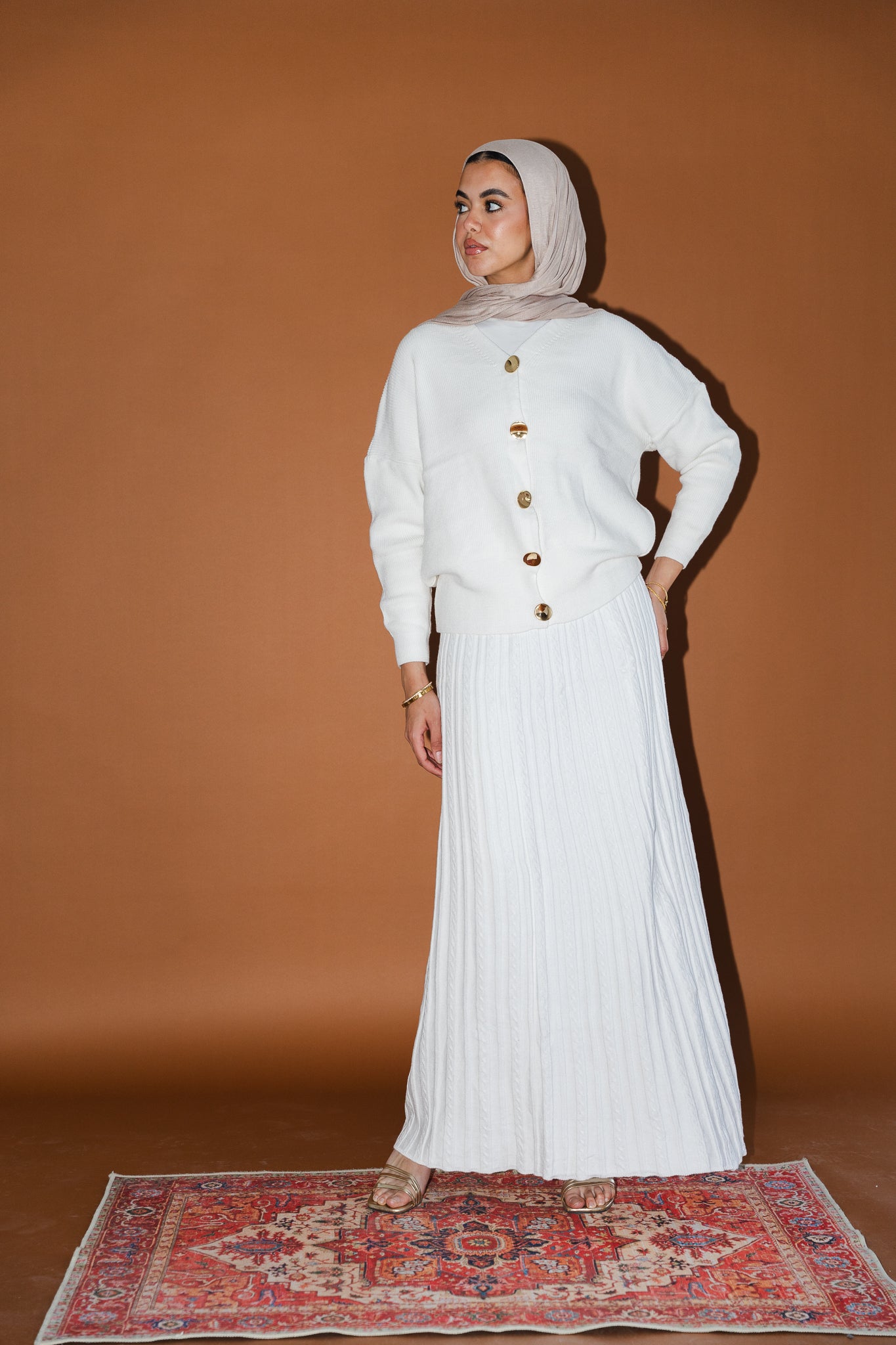 Gold Buttons Knit Crop Cardigan in White