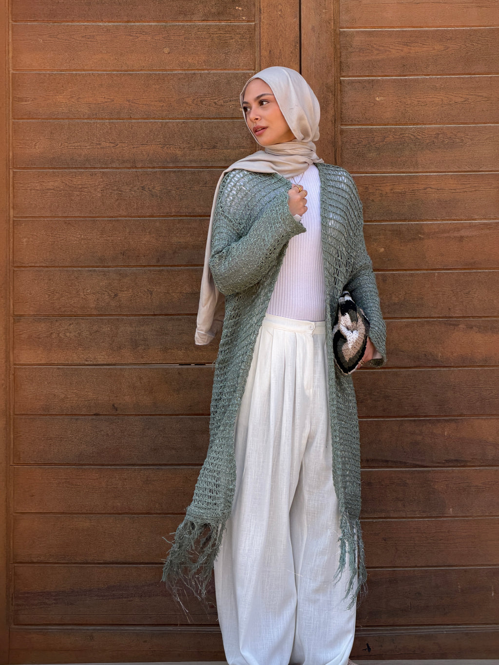 Threads of Charm Cardigan in Shimmer Mint.