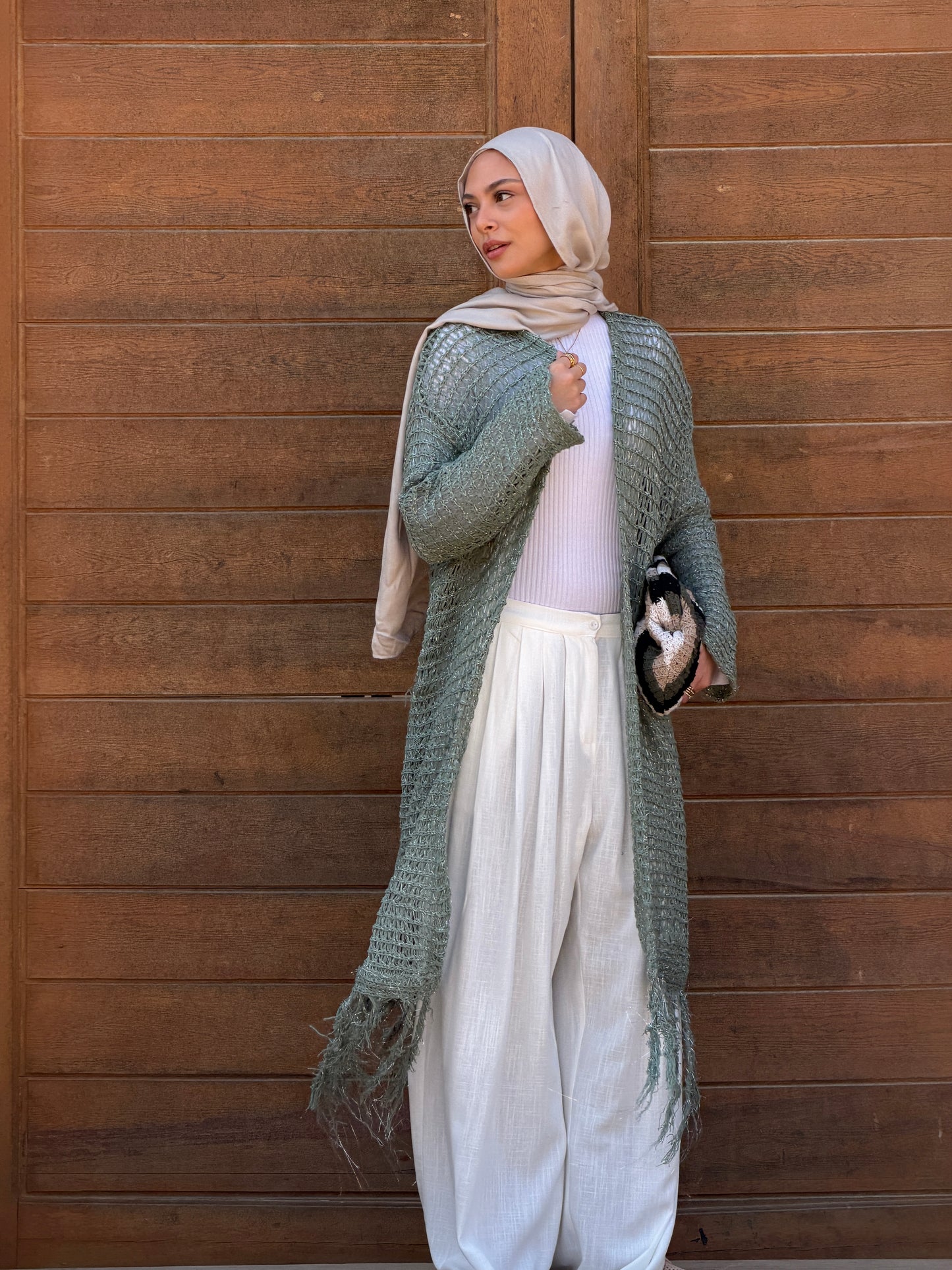 Threads of Charm Cardigan in Shimmer Mint.