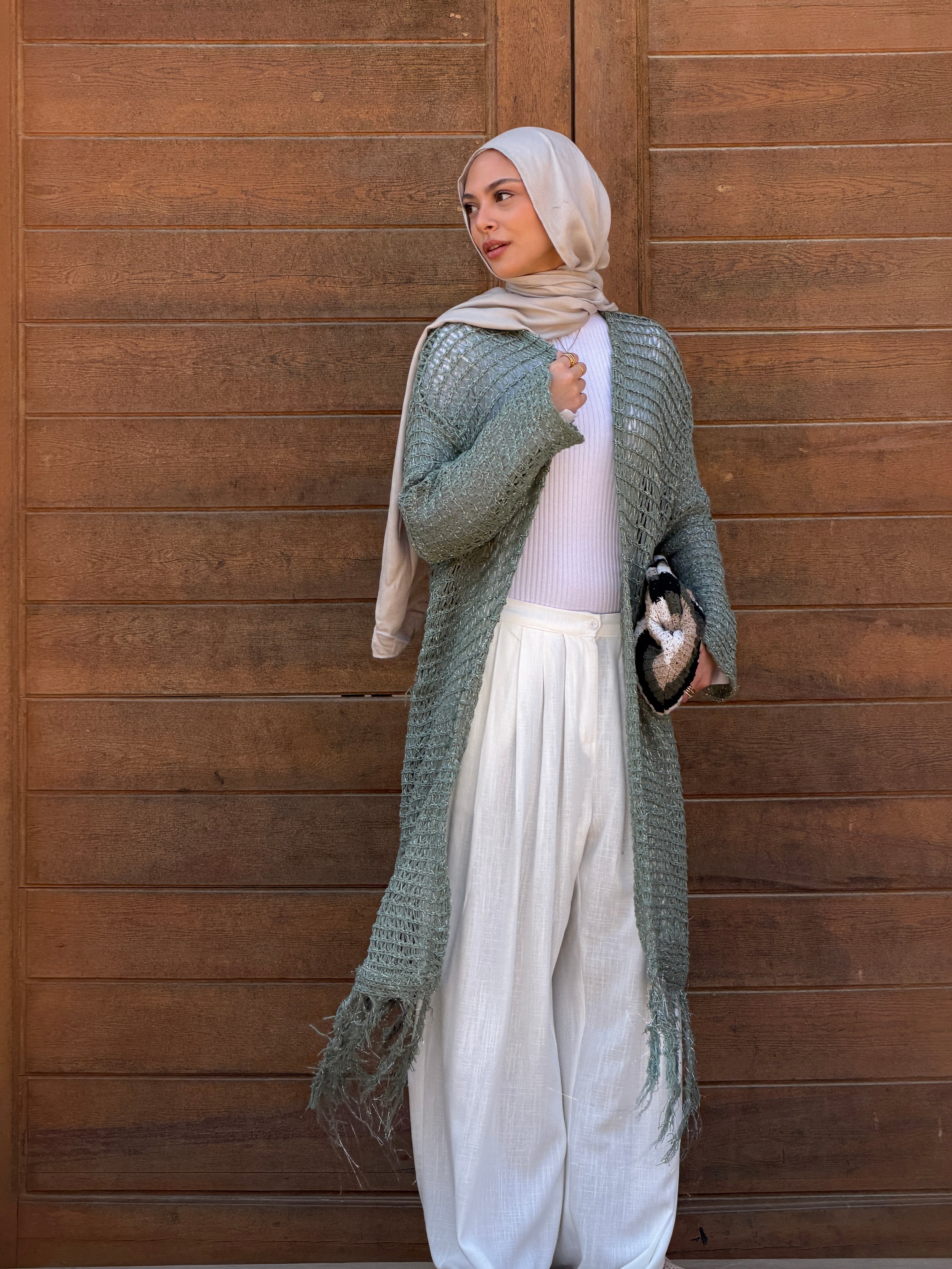 Threads of Charm Cardigan in Shimmer Mint.