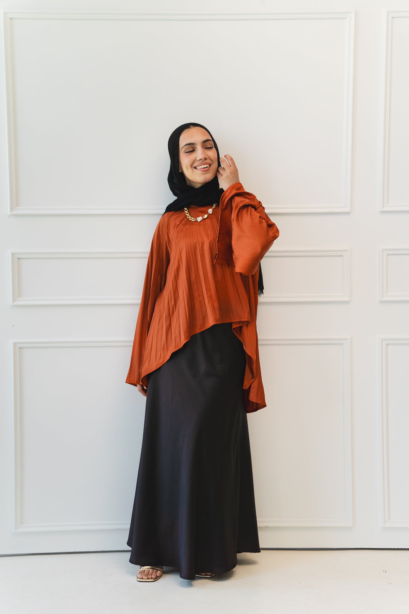 Satin Pleats Top in Brick