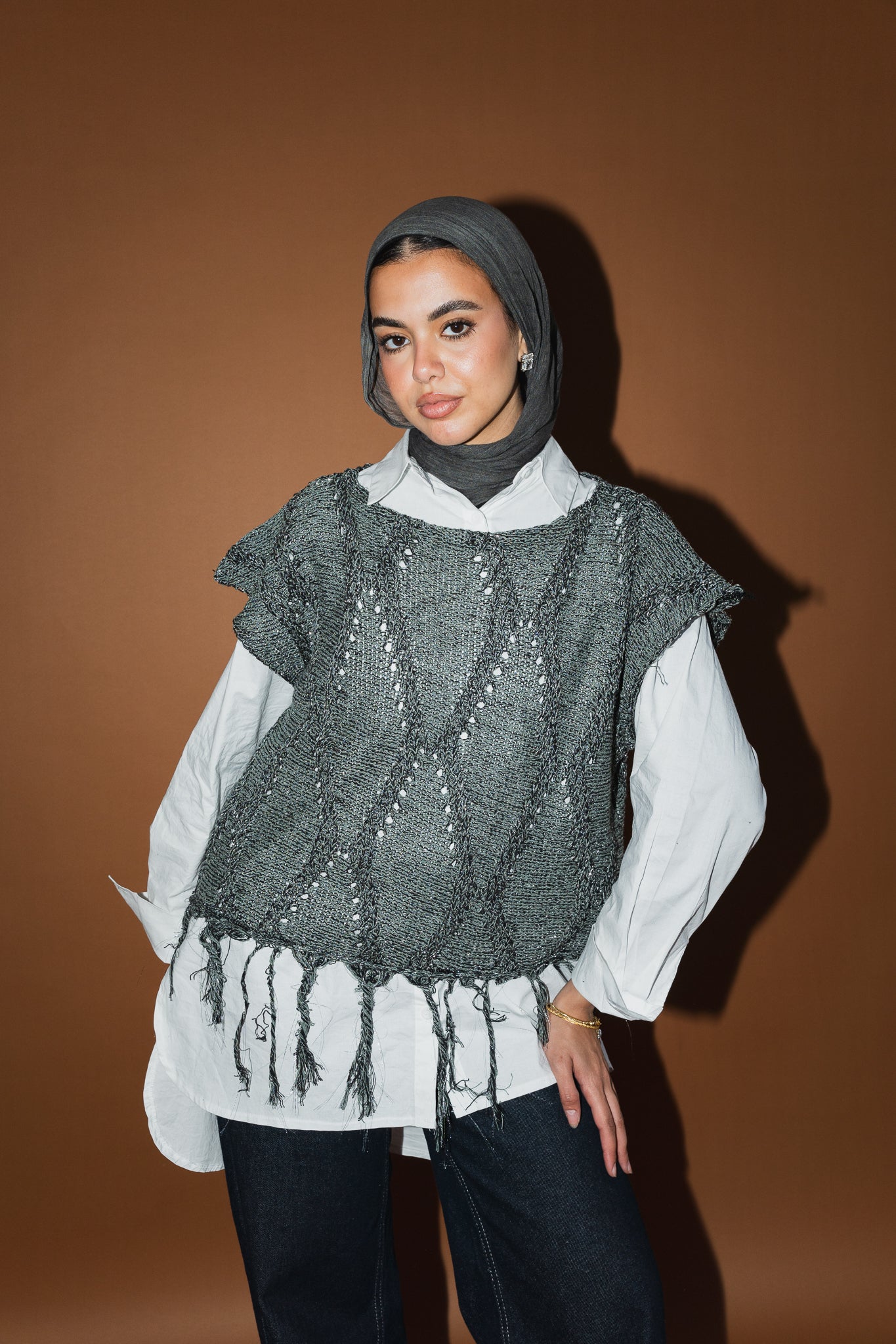 Crystal Mettalic Tassel Vest in Shimmer Olive x Black