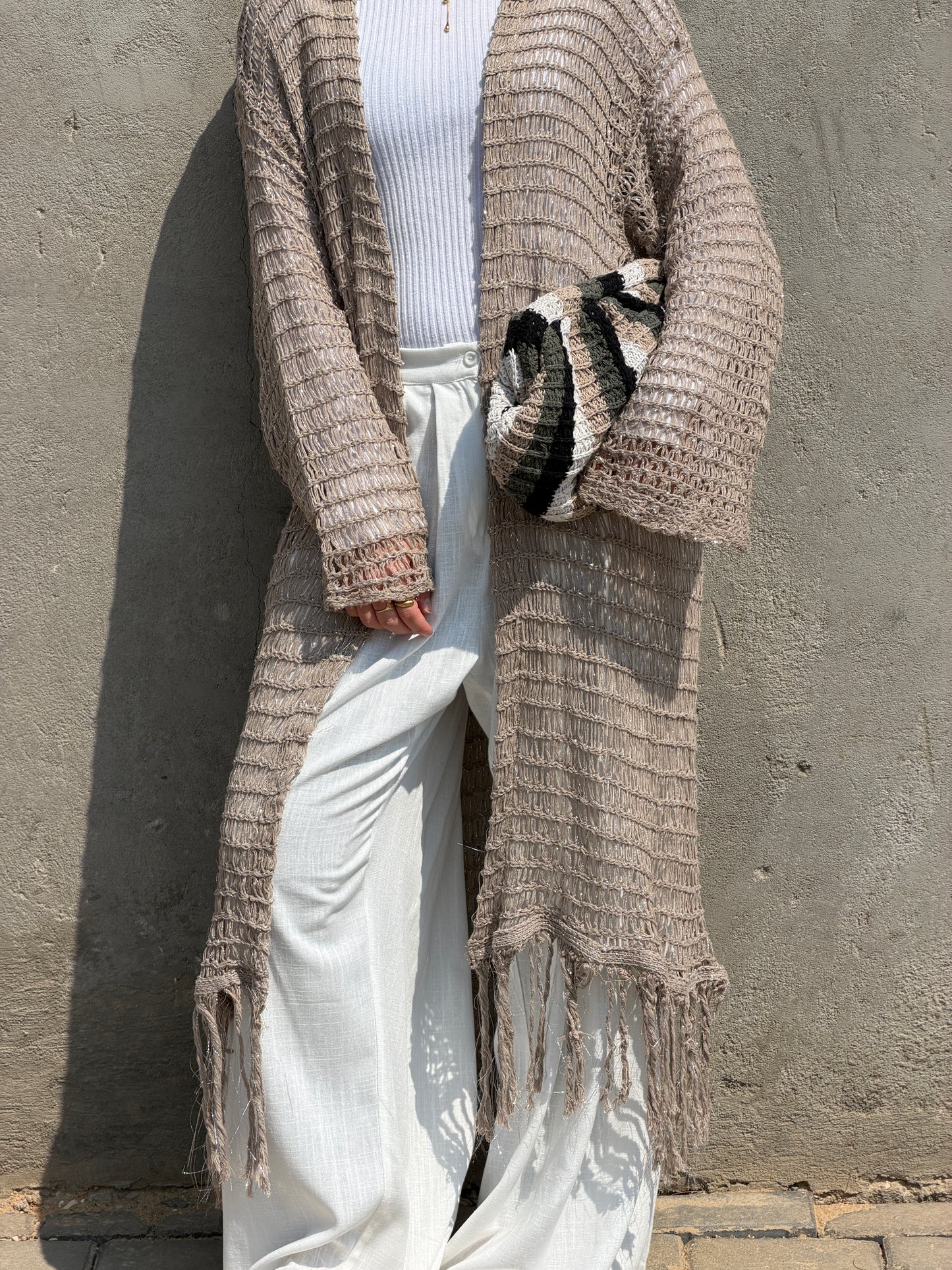 Threads of Charm Cardigan in Shimmer Cafe.