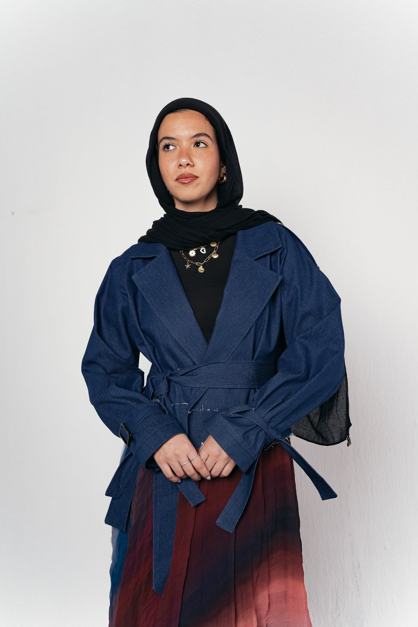 Cropped Trench Coat in Denim