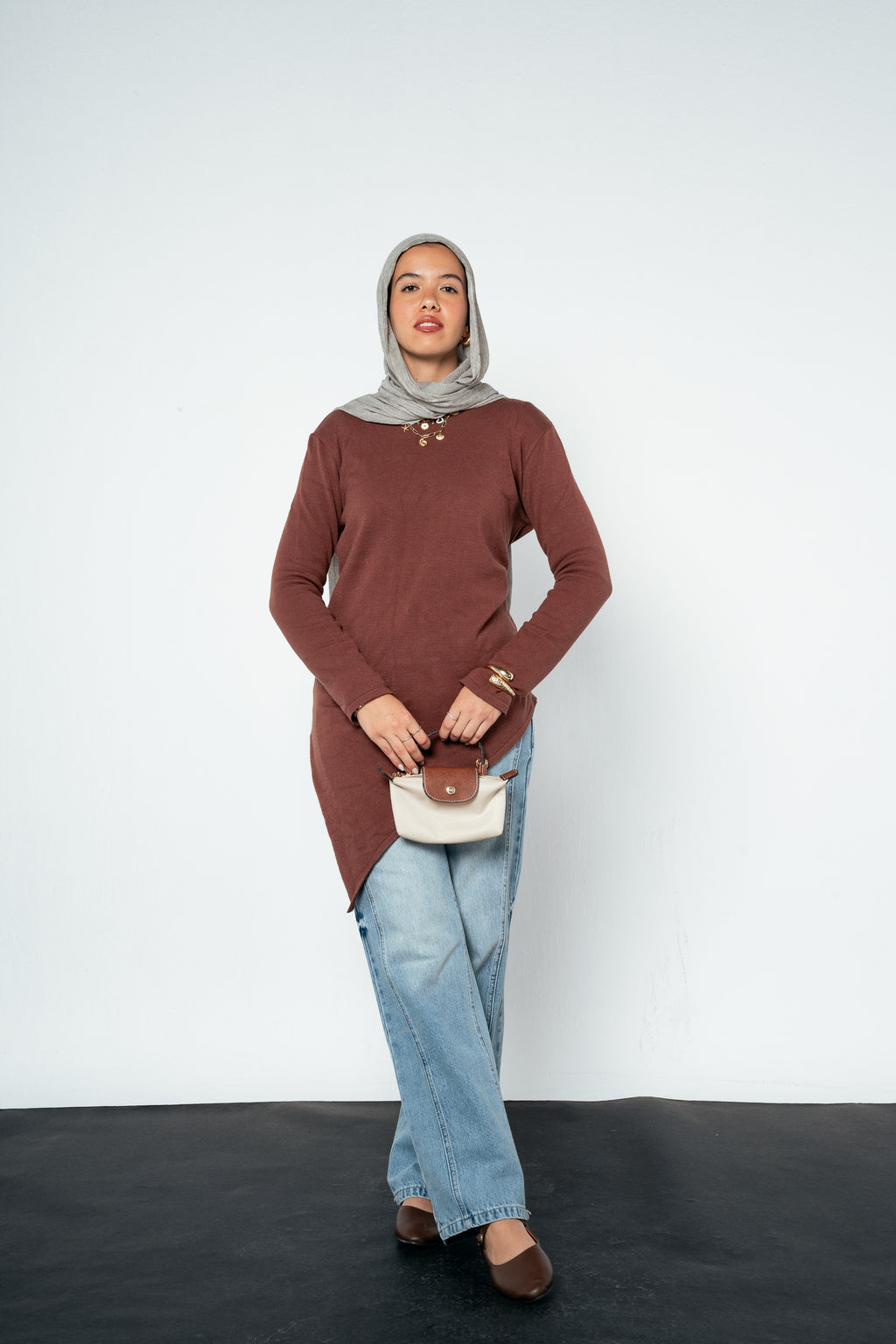 Warm Knit Asymmetrical Top in Brown
