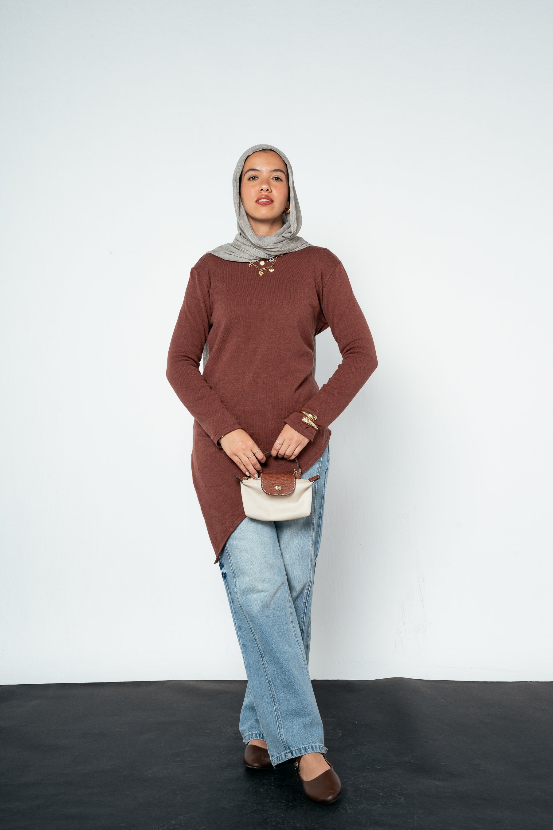 Warm Knit Asymmetrical Top in Brown