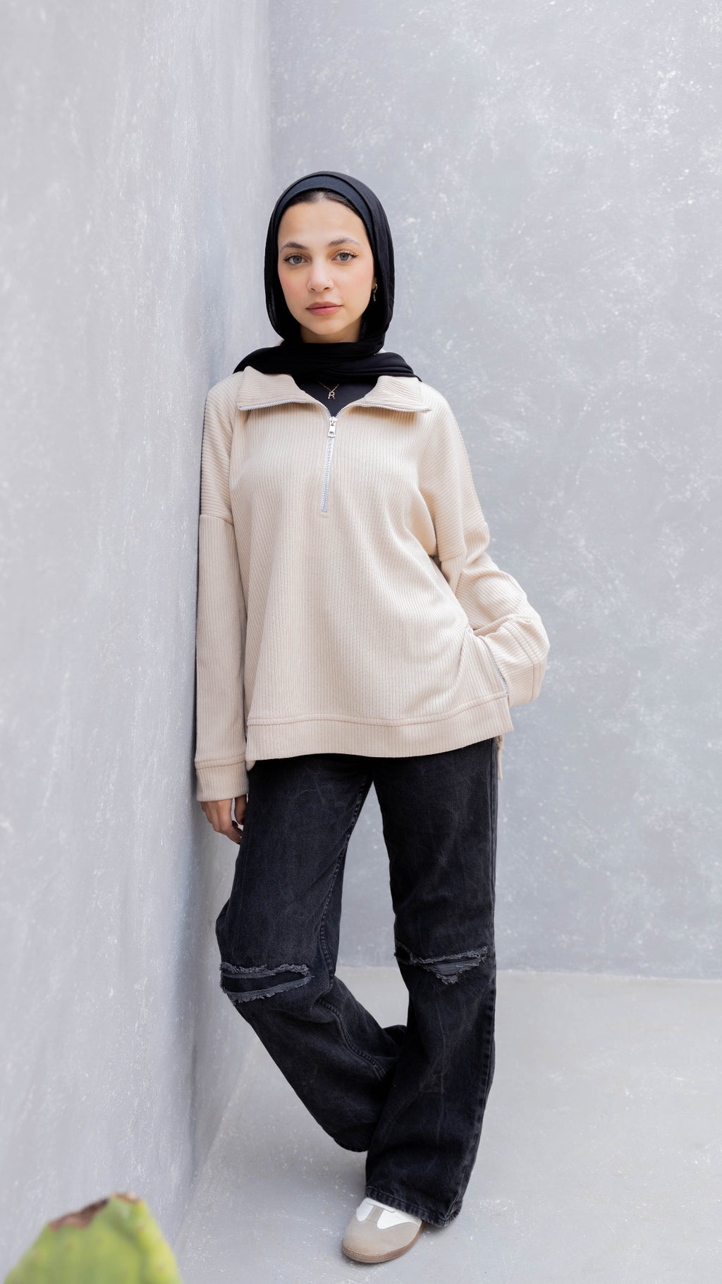 Zip-Up Sweater in Beige