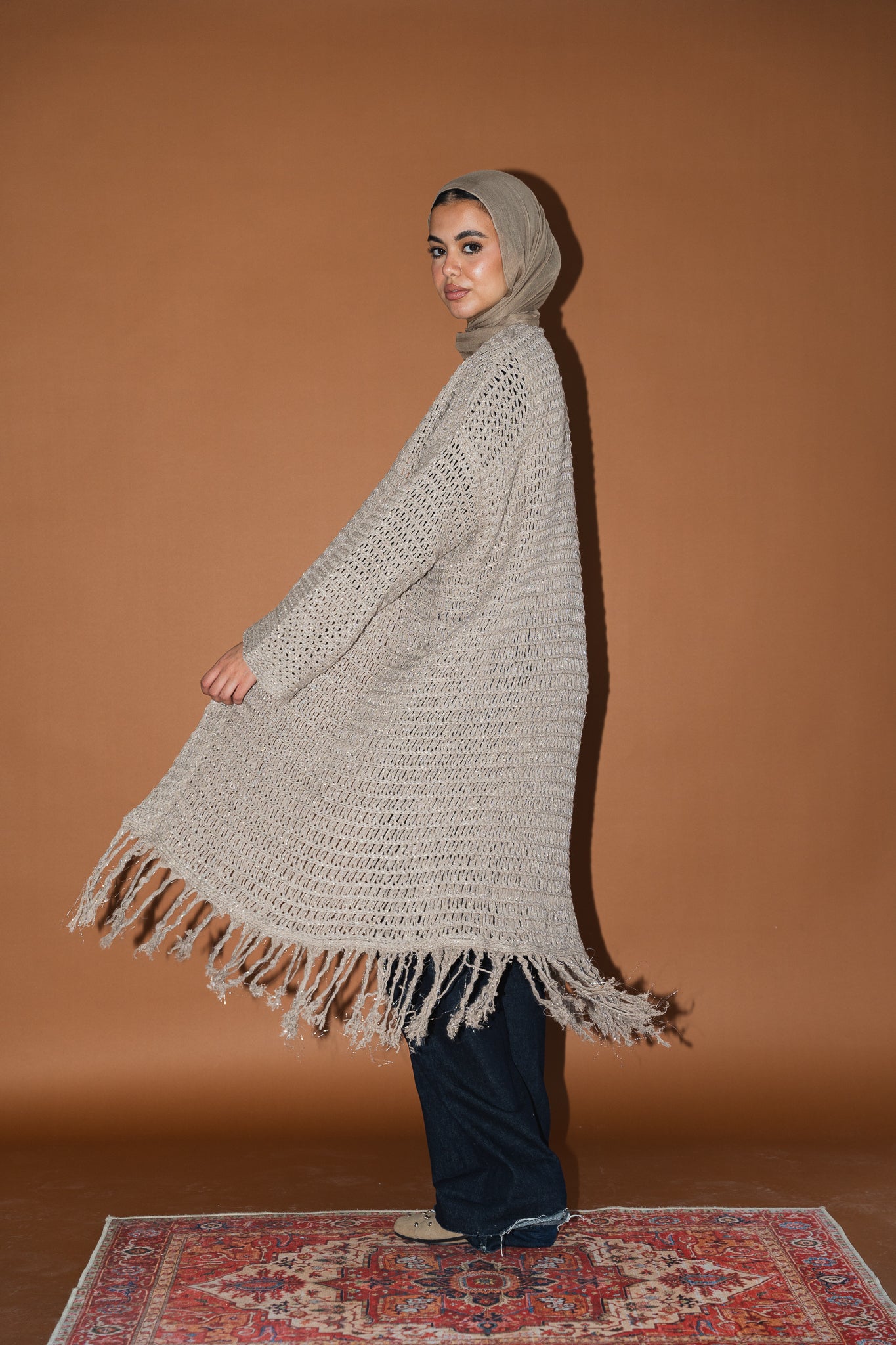 Threads of Charm Cardigan in Shimmer Cafe.
