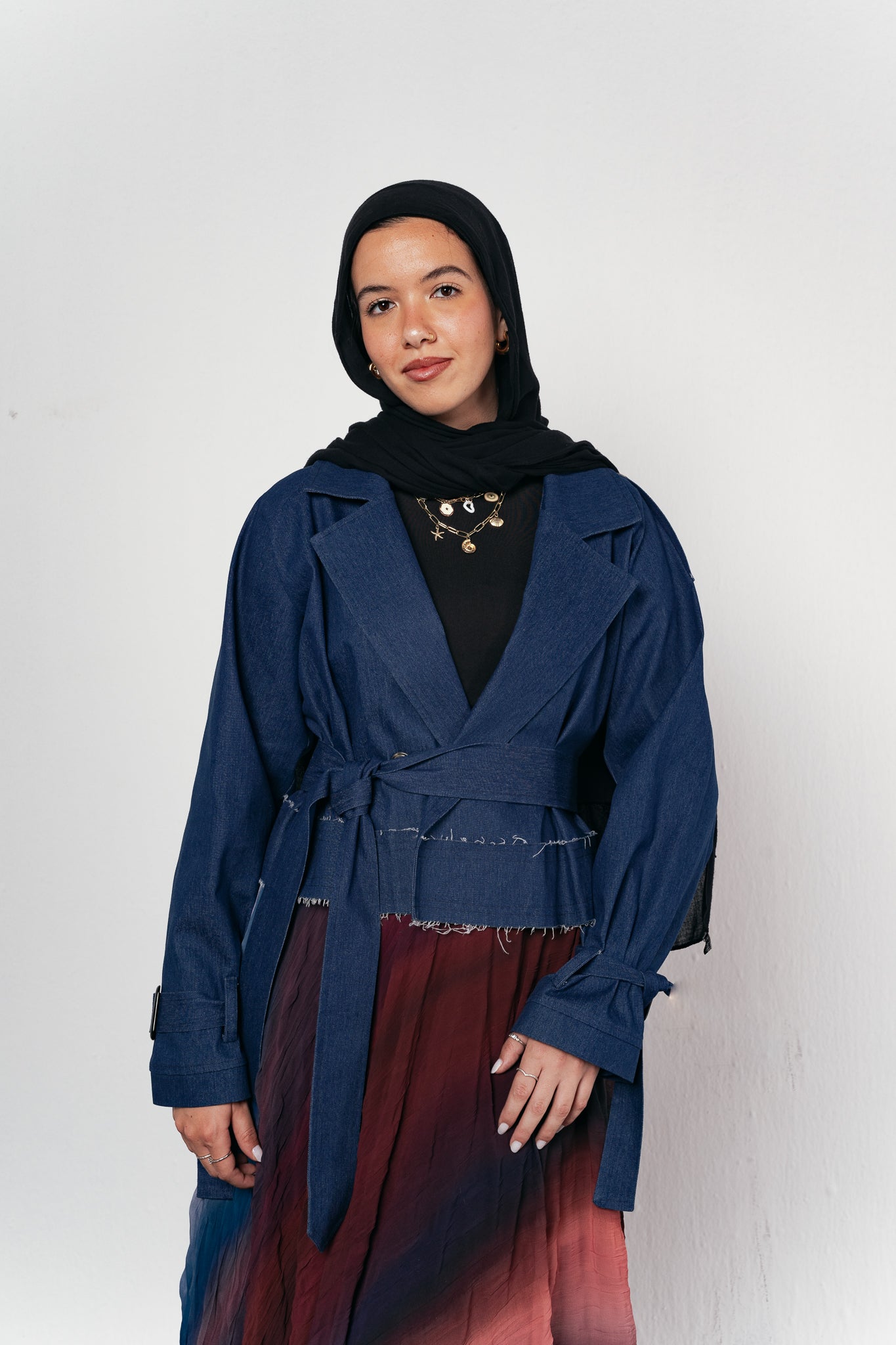 Cropped Trench Coat in Denim