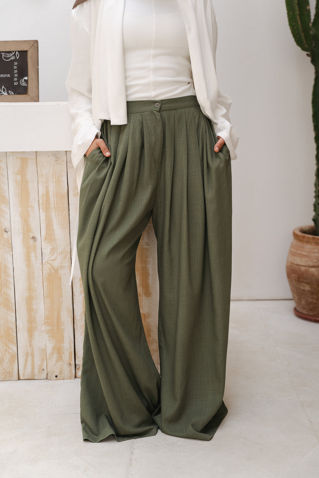 Day Light Pleated Linen Pants in Olive