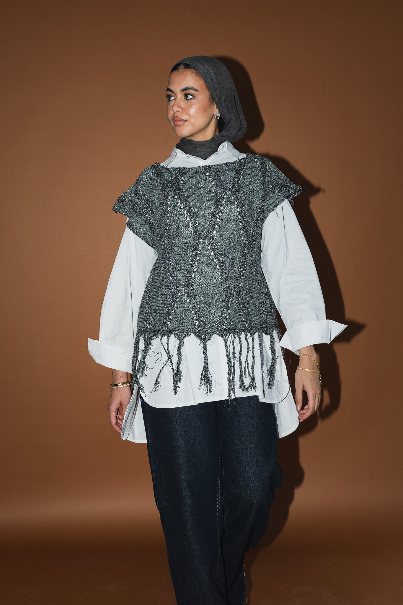 Crystal Mettalic Tassel Vest in Shimmer Olive x Black