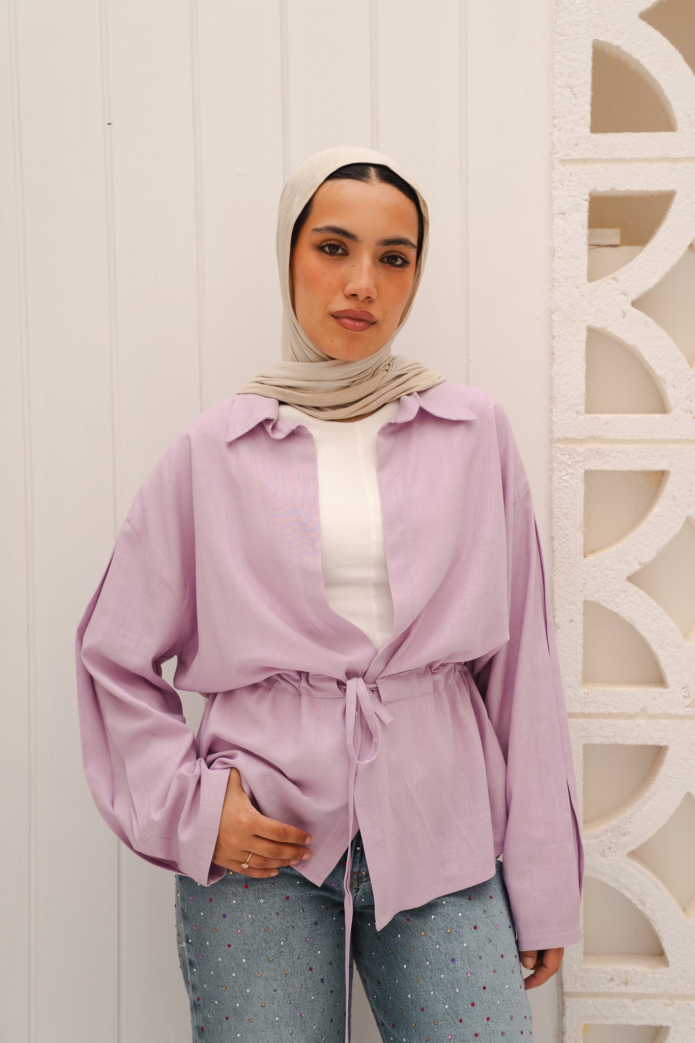 Slay You Girl Linen Top in Lilac