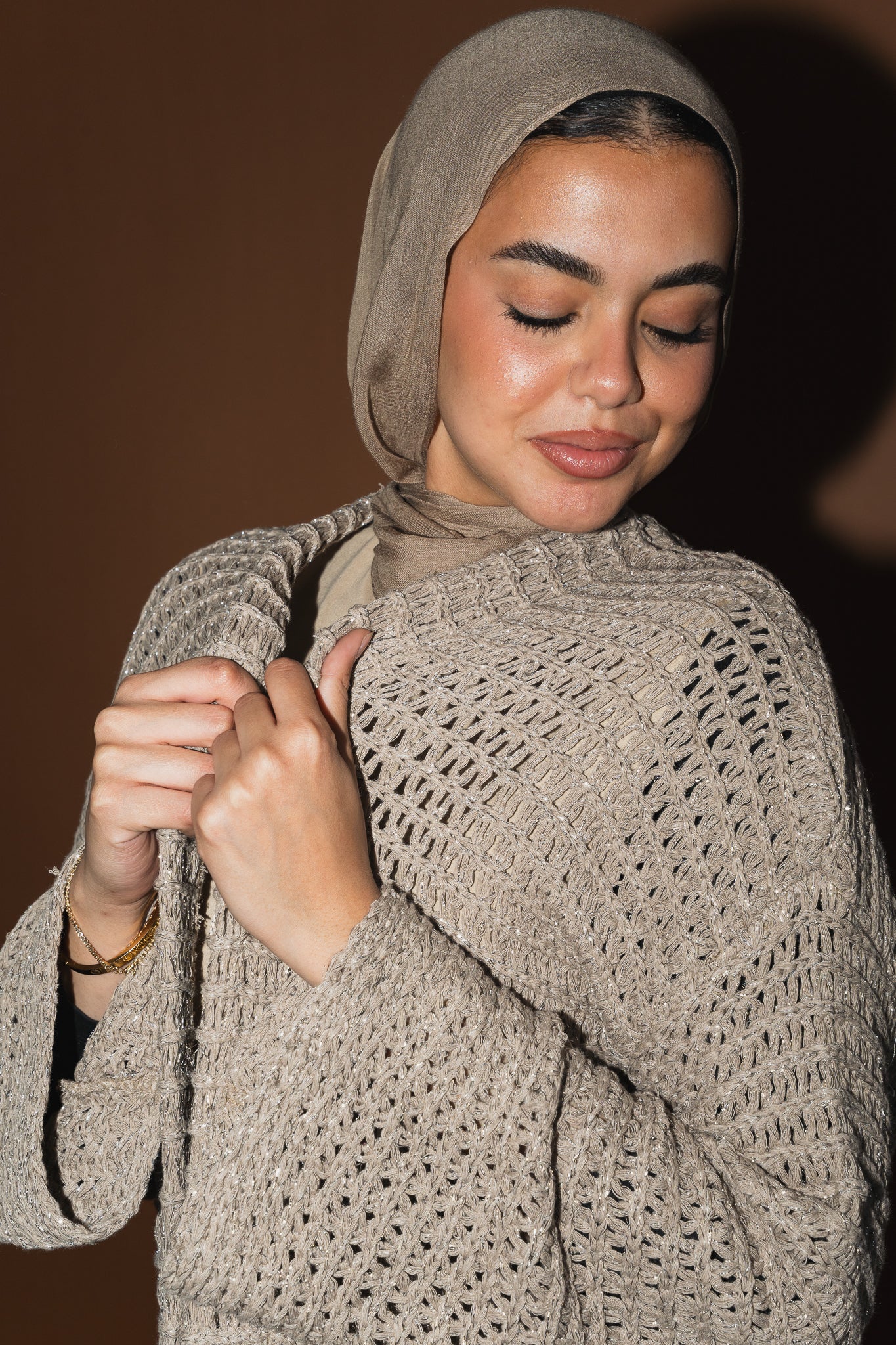 Threads of Charm Cardigan in Shimmer Cafe.