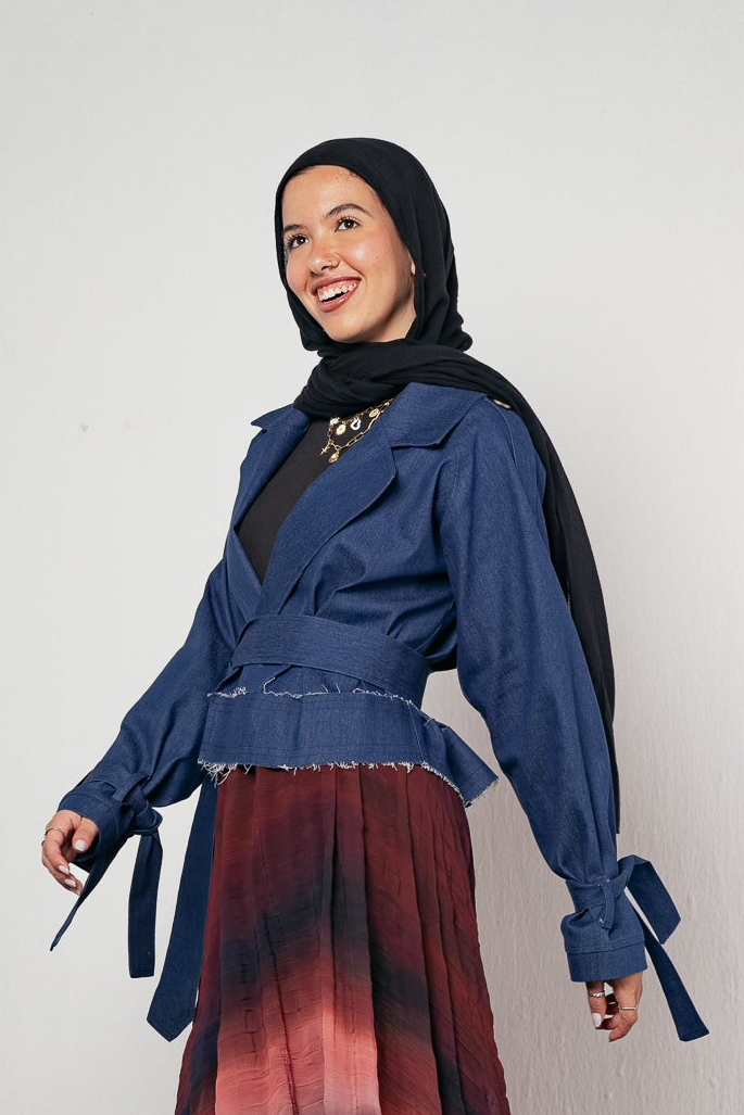 Cropped Trench Coat in Denim