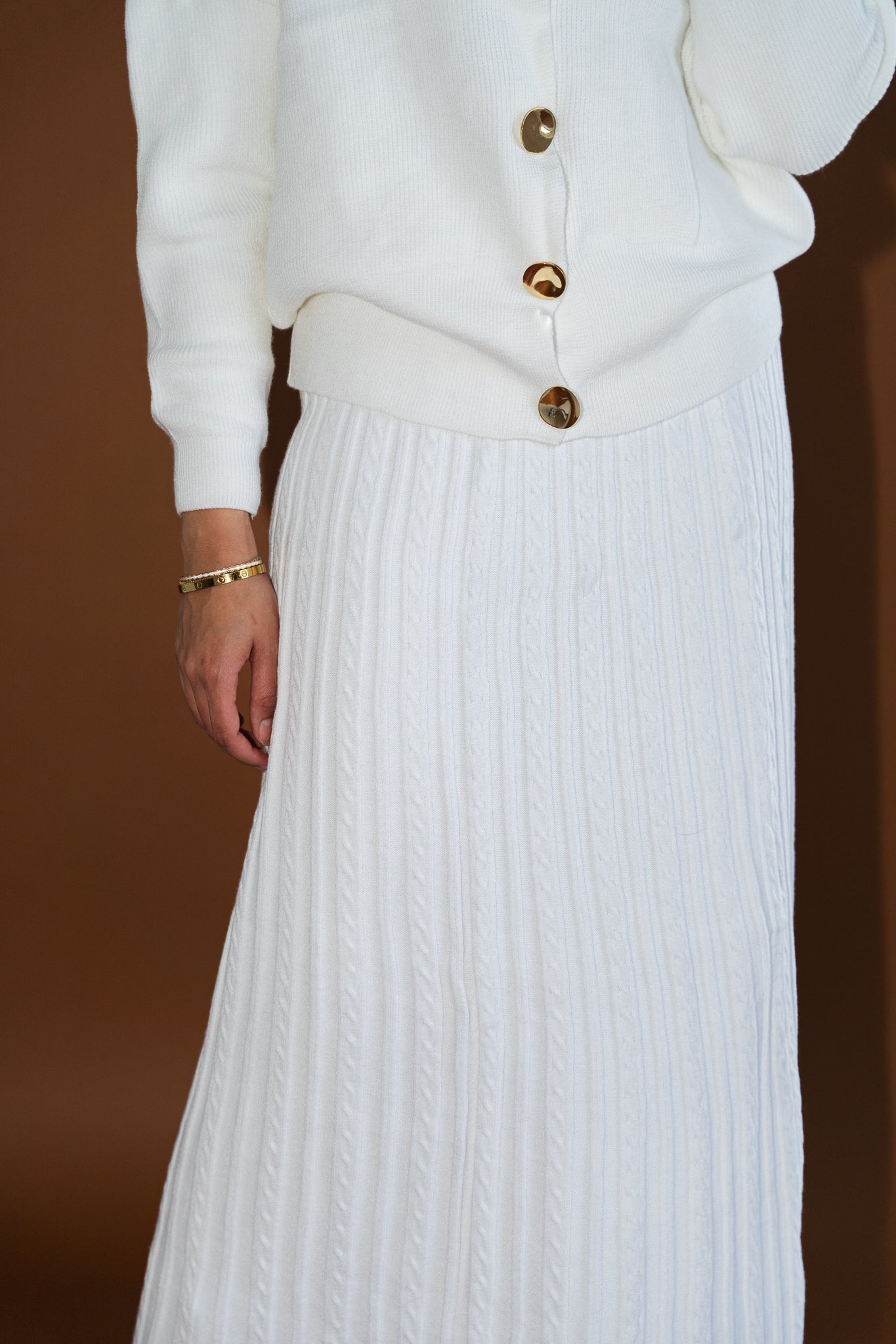 Gold Buttons Knit Crop Cardigan in White