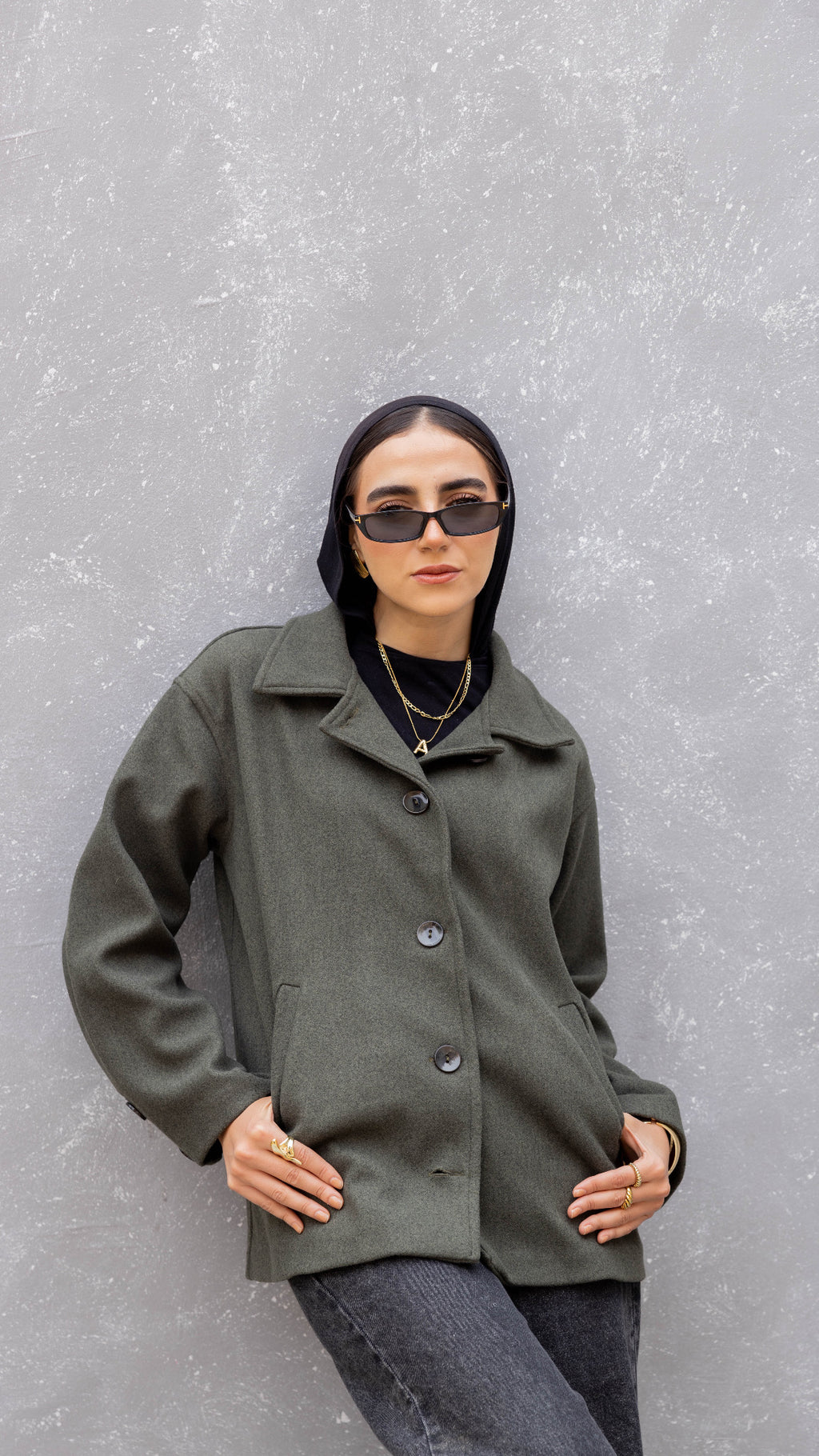 Short Felt Texture Coat in Olive