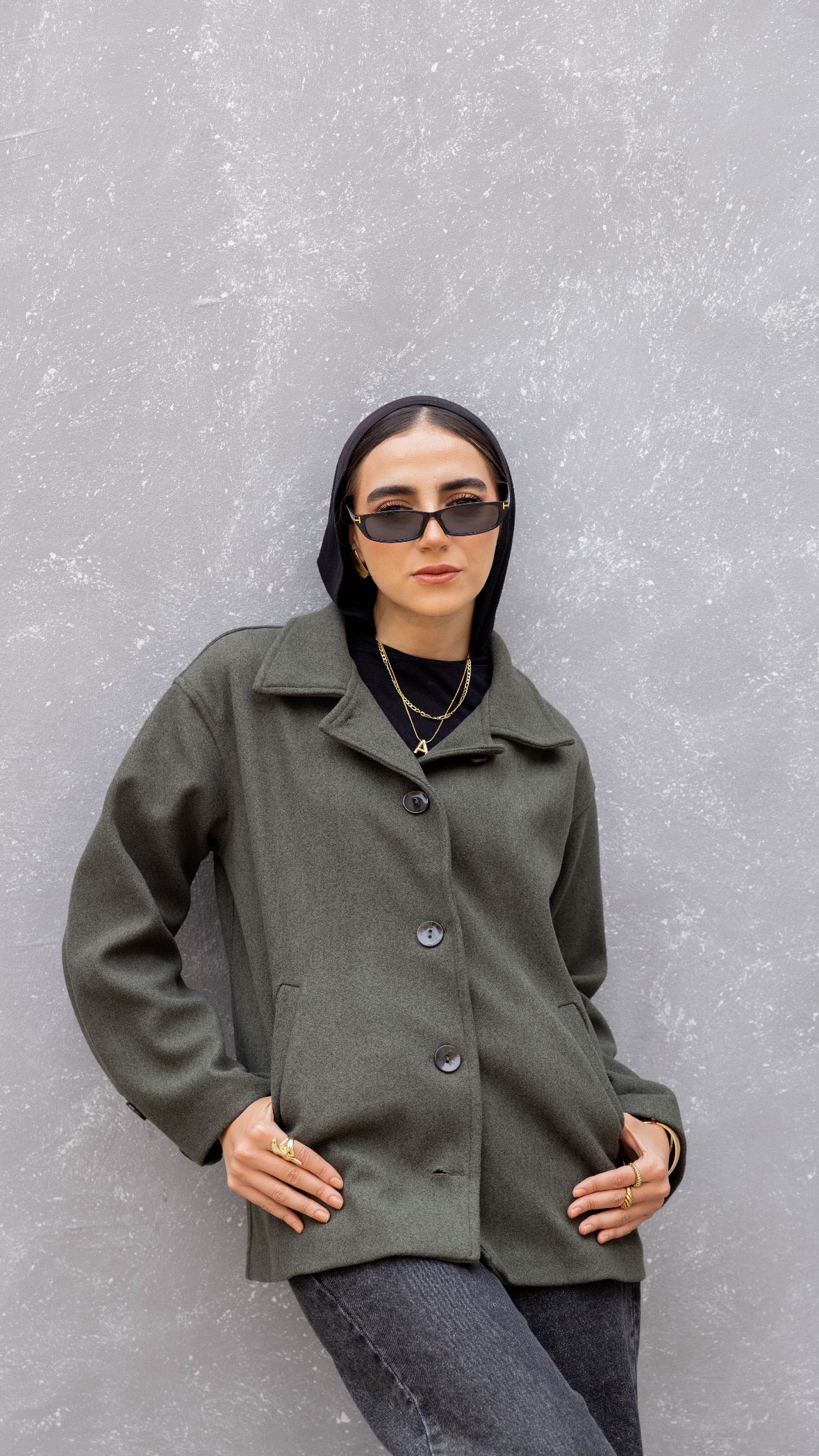 Short Felt Texture Coat in Olive