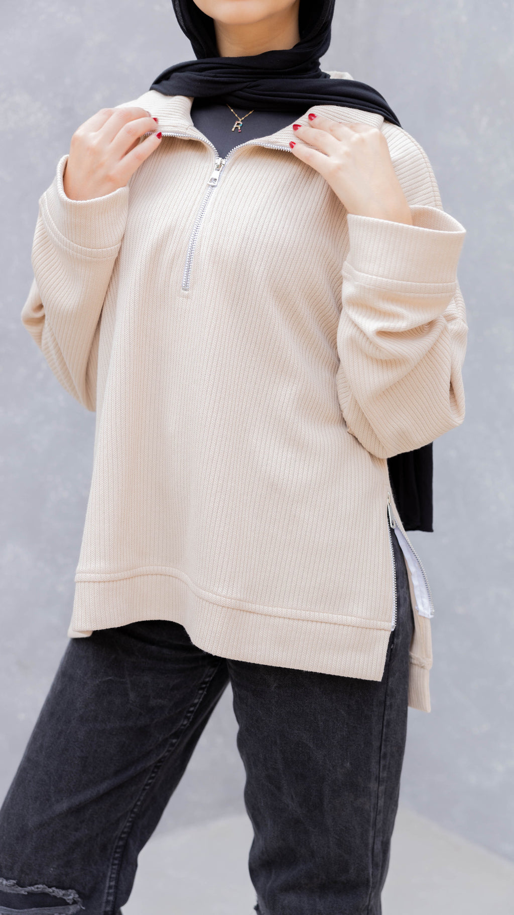 Zip-Up Sweater in Beige