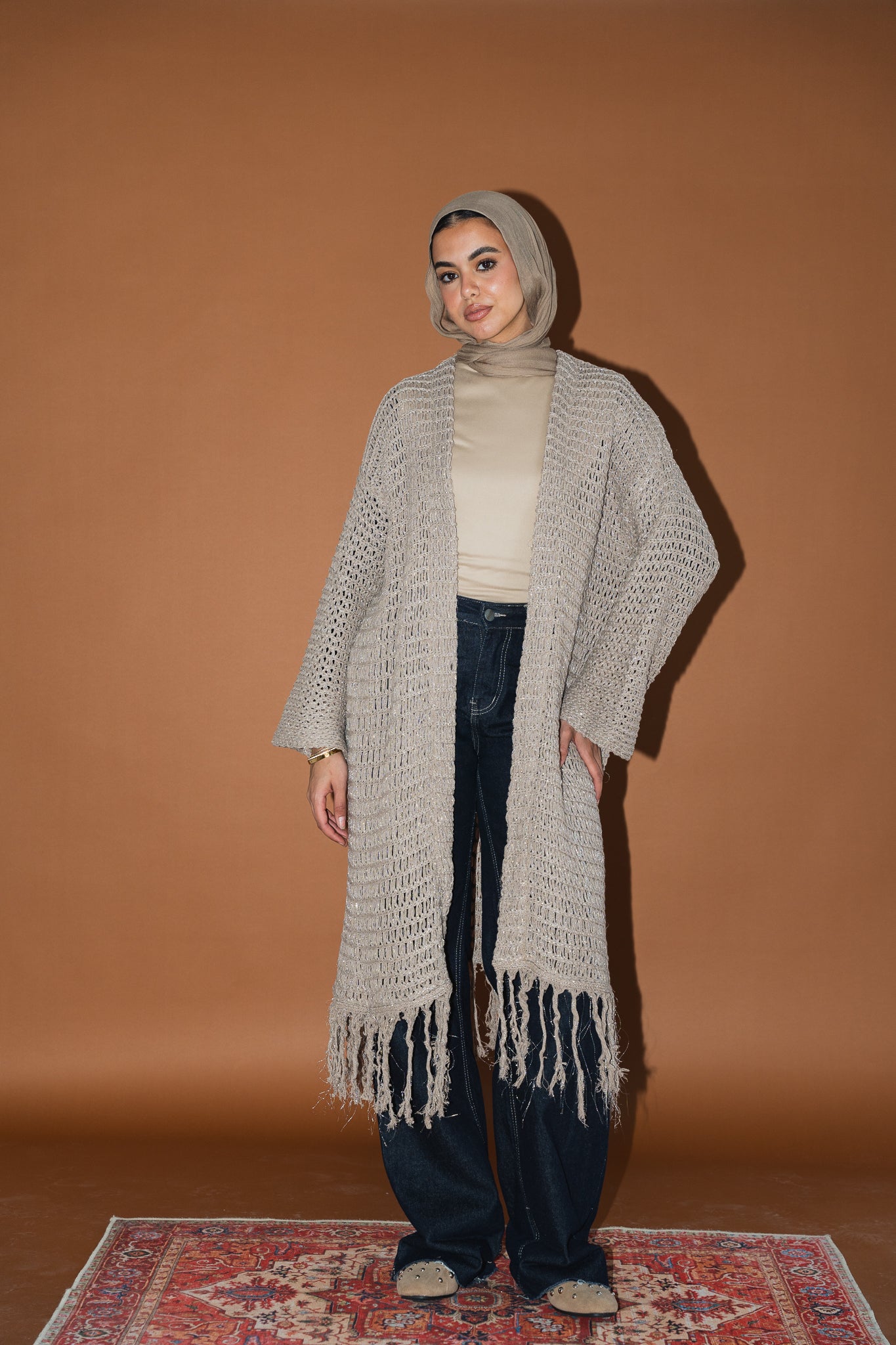 Threads of Charm Cardigan in Shimmer Cafe.