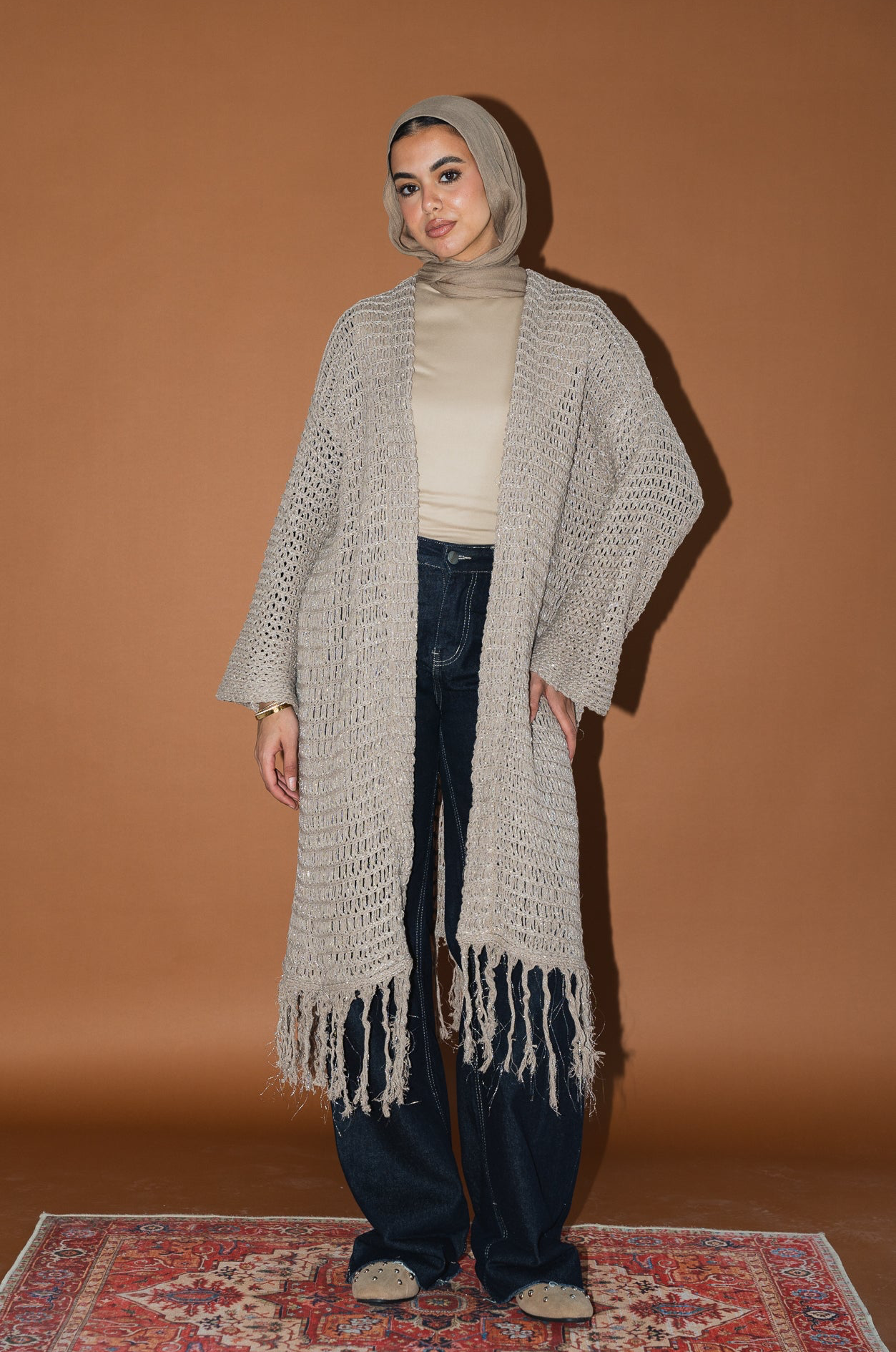 Threads of Charm Cardigan in Shimmer Cafe.
