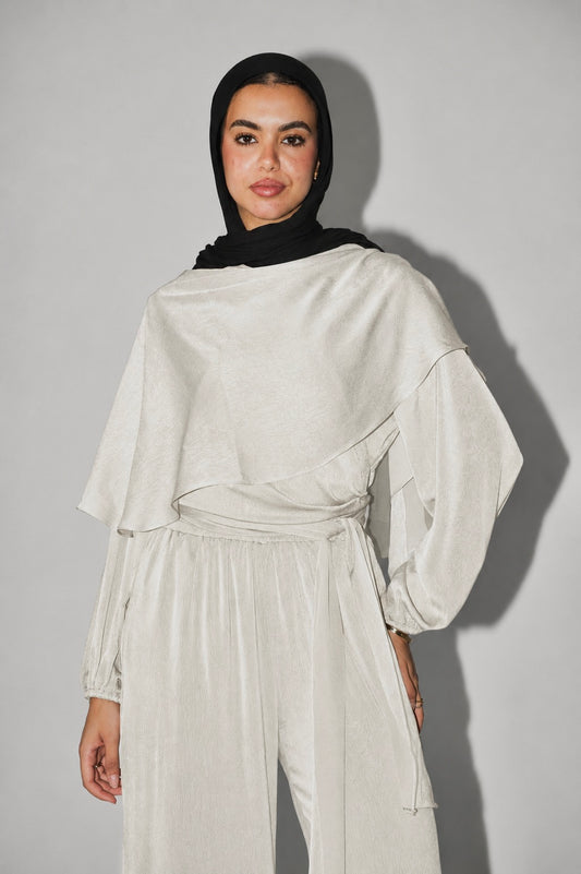 Shawl Wrap Satin Top in White