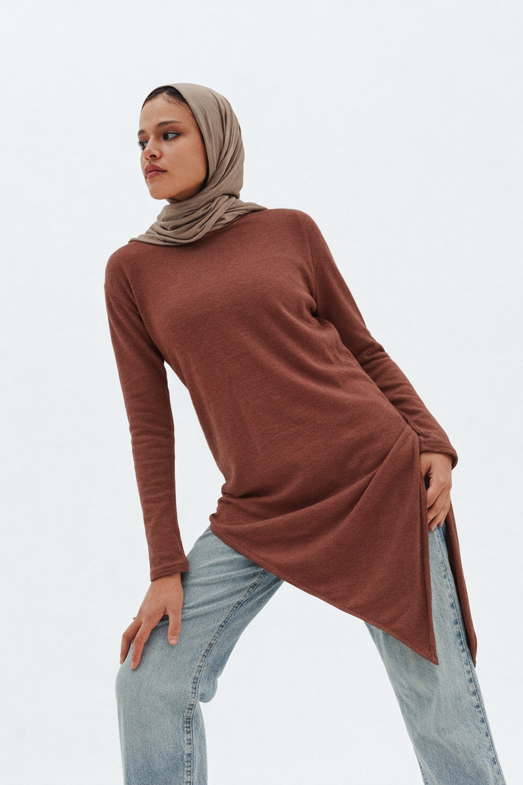 Warm Knit Asymmetrical Top in Brown