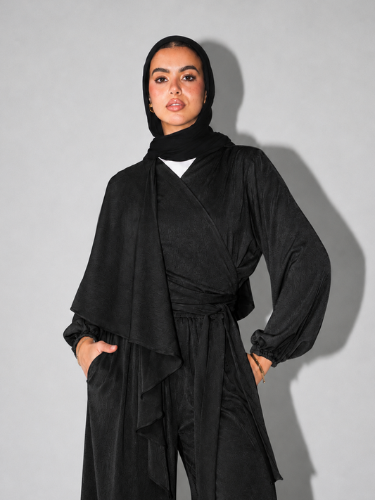 Shawl Wrap Satin Top in Black