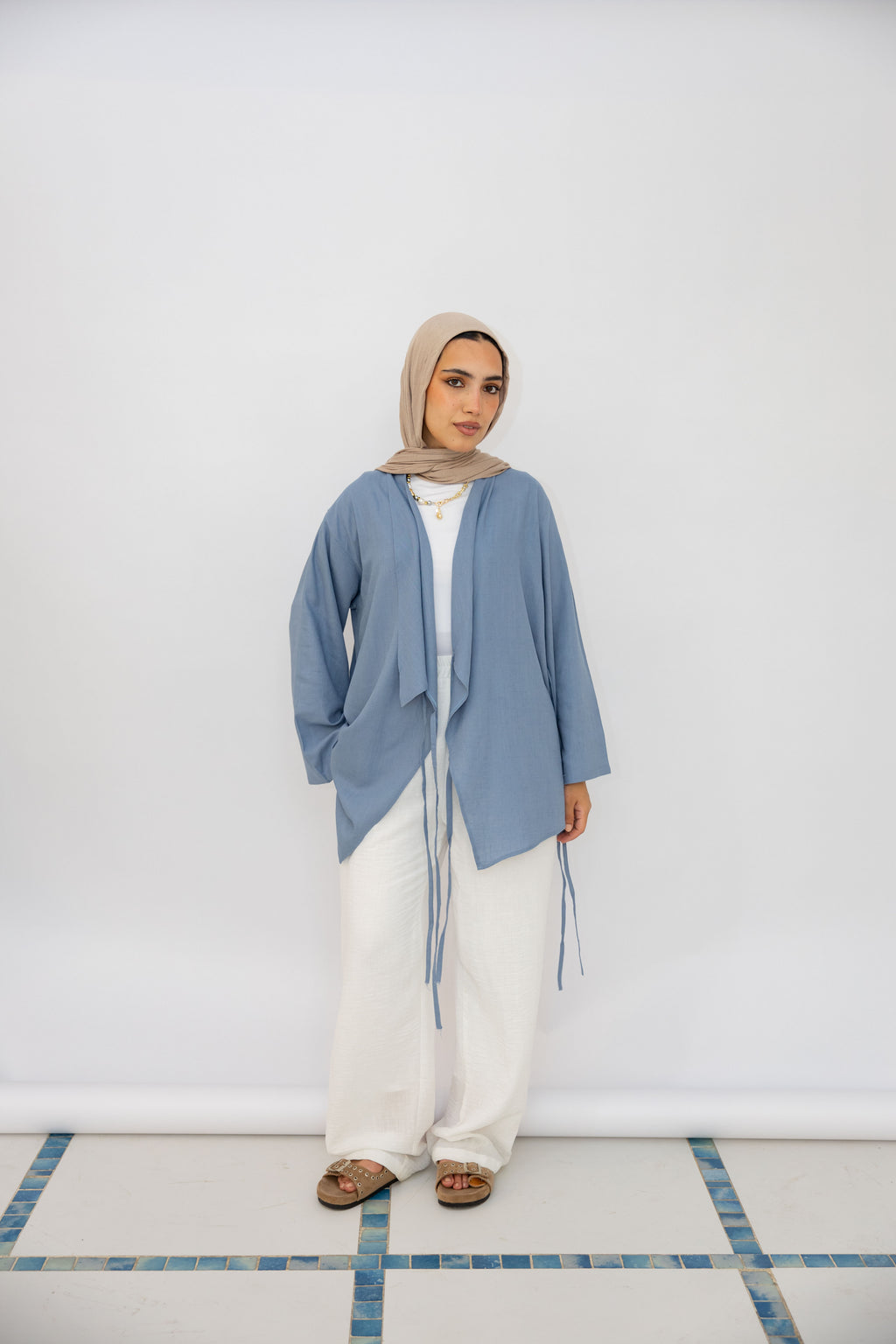 Side Tie Linen Top in Blue