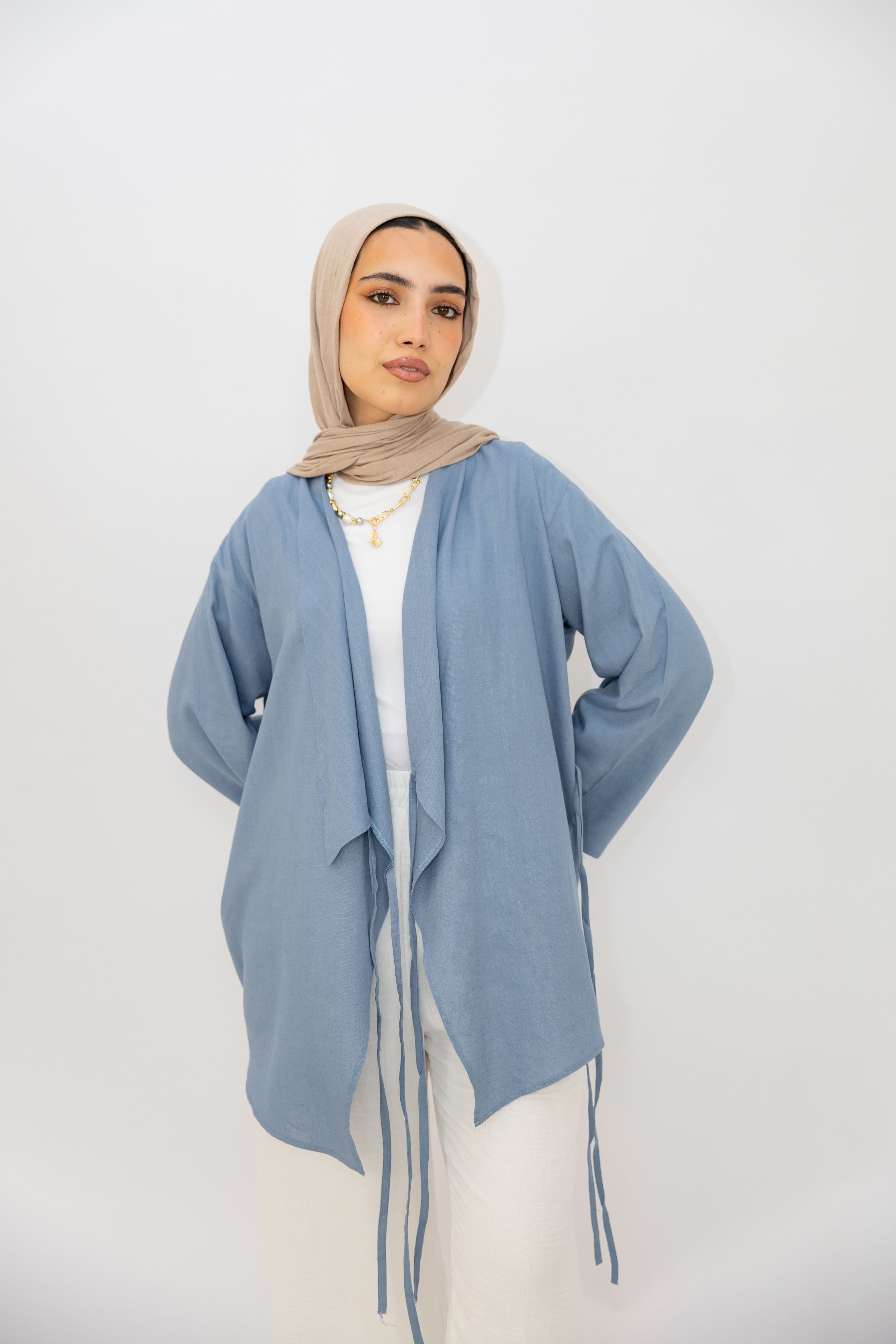 Side Tie Linen Top in Blue