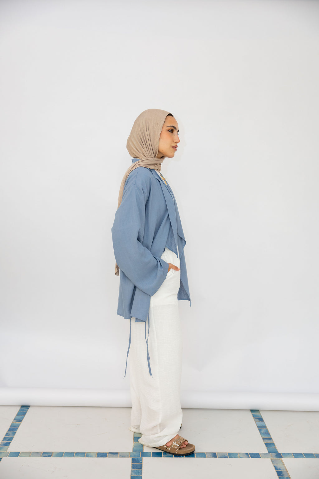 Side Tie Linen Top in Blue