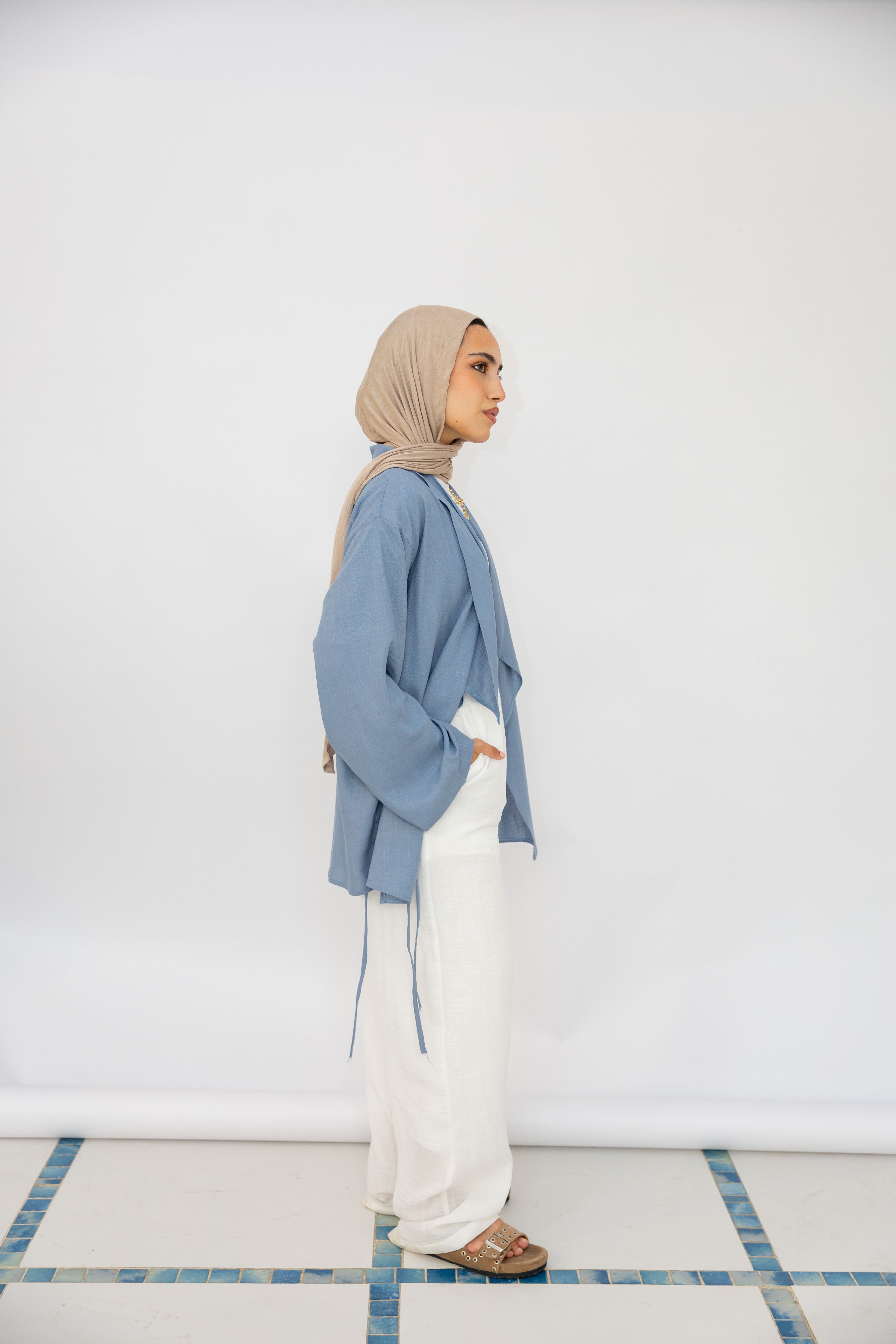 Side Tie Linen Top in Blue