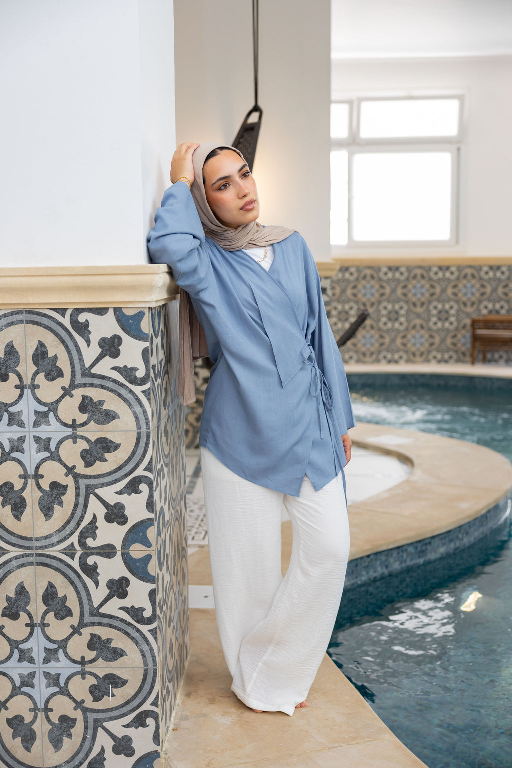 Side Tie Linen Top in Blue