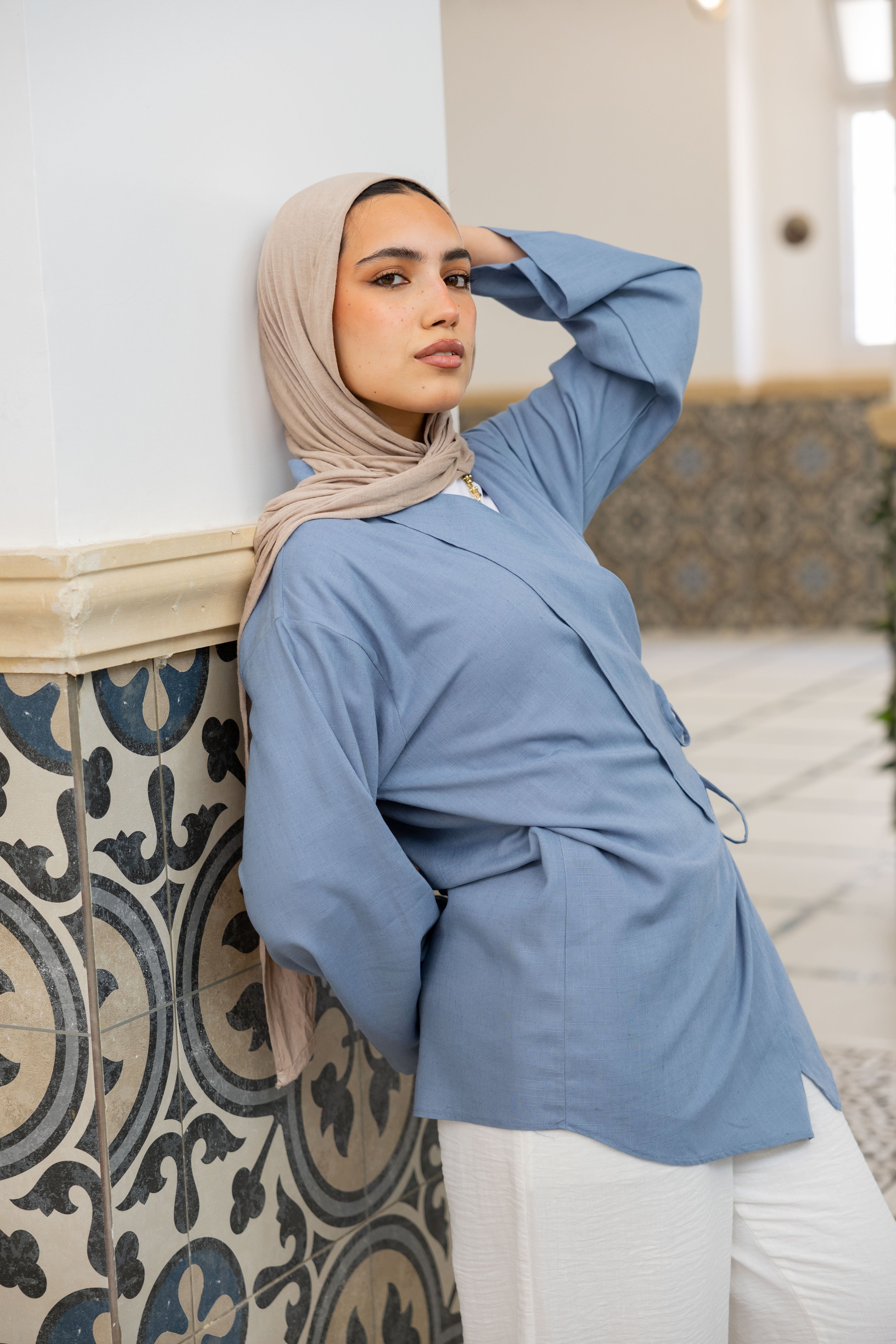 Side Tie Linen Top in Blue